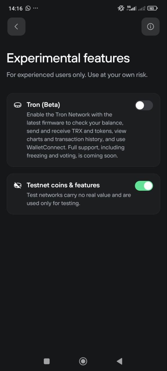 Testnet coins and features toggle switched on in Experimental features