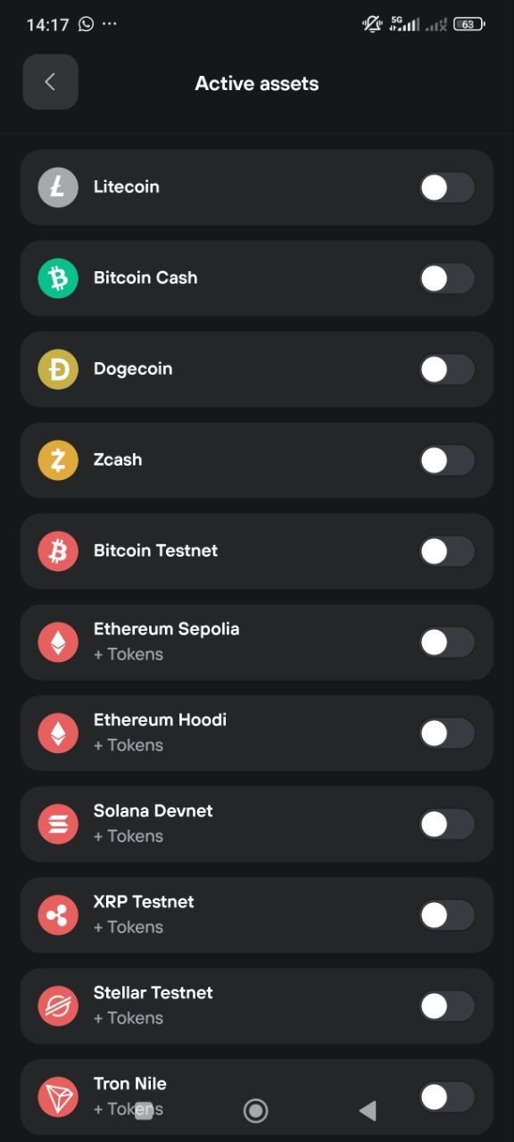 Trezor Suite mobile Active assets screen showing testnet networks including Bitcoin Testnet, Ethereum Sepolia, Ethereum Hoodi, Solana Devnet, XRP Testnet, and Stellar Testnet.