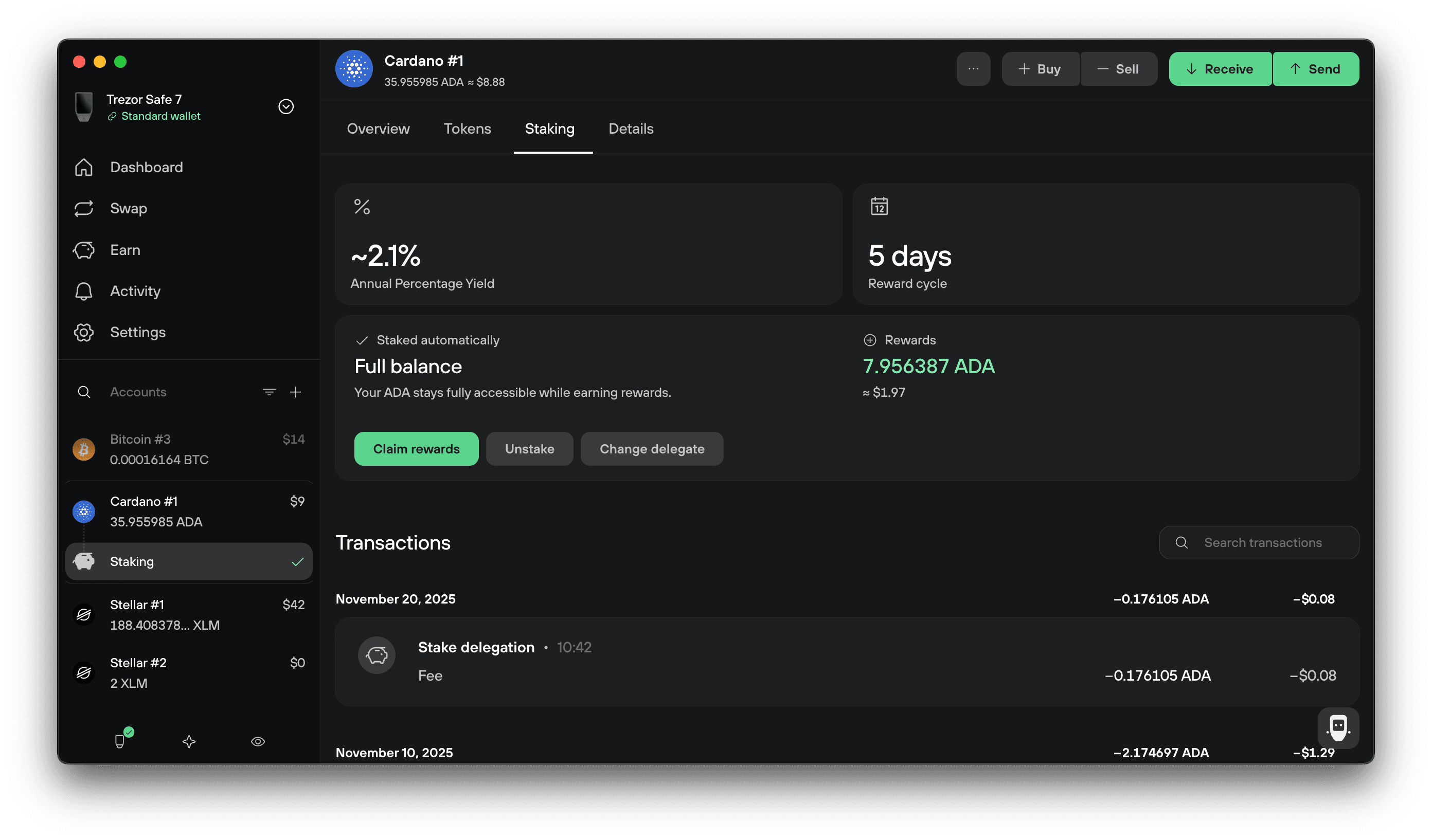 Trezor Suite shows ~2.1% Cardano APY, a 5-day reward cycle, 7.956387 ADA rewards, and claim controls.