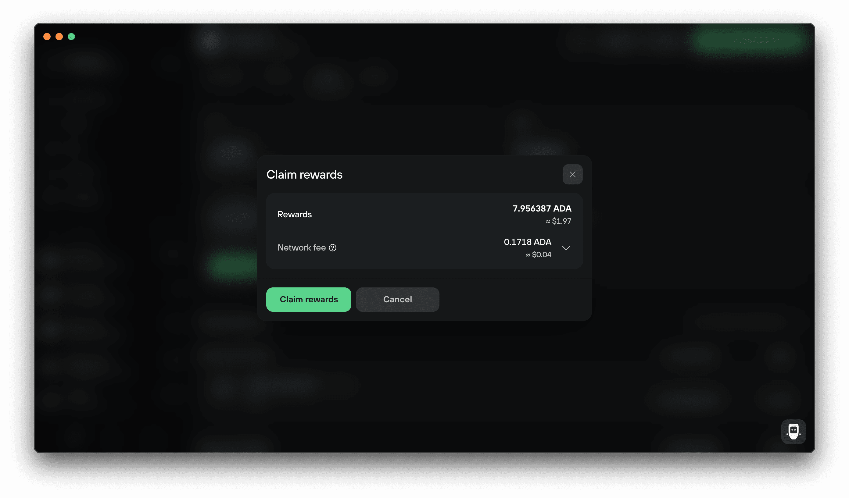 Claim rewards dialog shows 7.956387 ADA rewards, a 0.1718 ADA network fee, and Claim rewards and Cancel buttons.