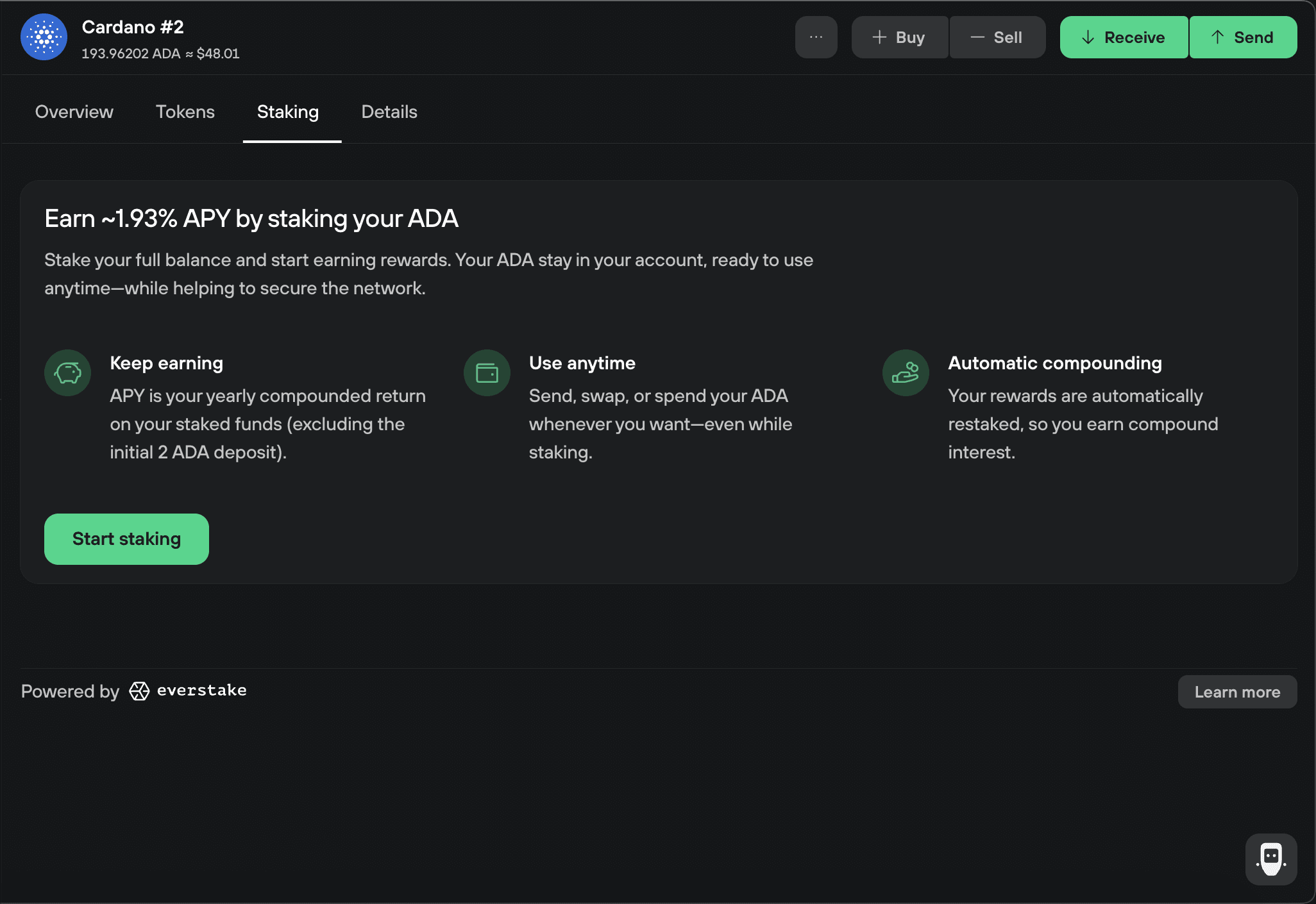 Cardano staking page offers ~1.93% APY, access to ADA while staking, automatic compounding, and a Start staking button.