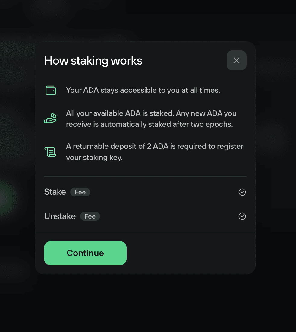 How staking works dialog explains accessible ADA, automatic staking after two epochs, a 2 ADA deposit, and fee details.