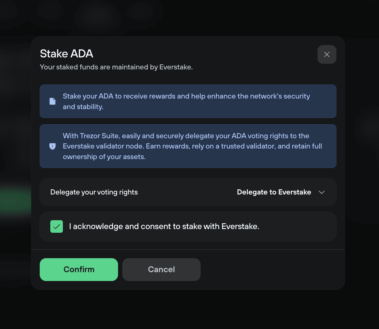Stake ADA dialog explains delegation to Everstake, with voting rights selection, consent checkbox, and Confirm button.