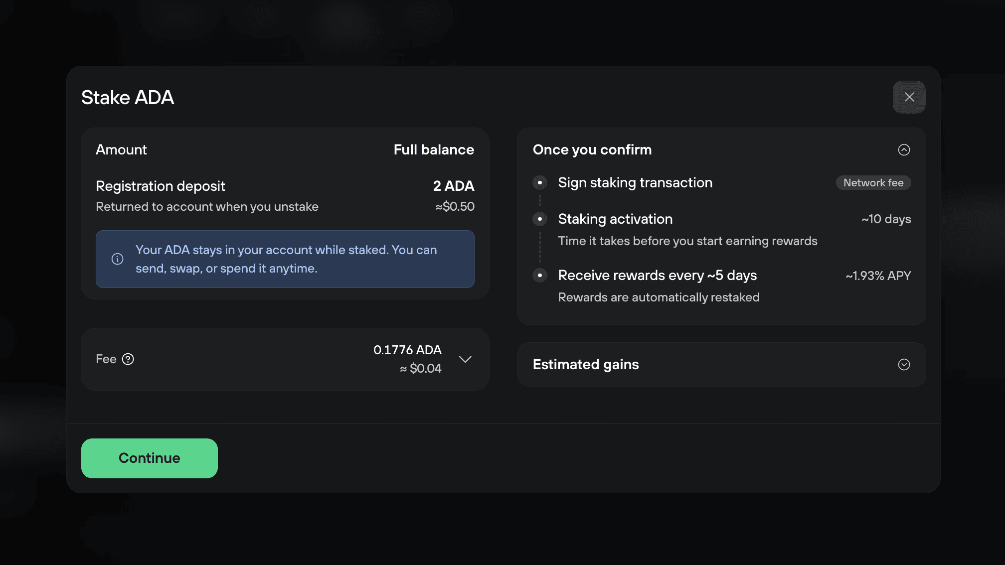 Stake ADA dialog shows full balance, 2 ADA registration deposit, 0.1776 ADA fee, activation timing, and reward cycle.
