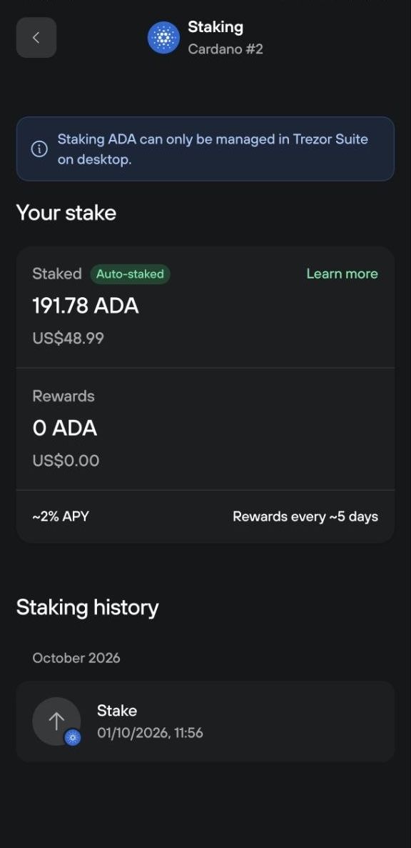 Trezor Suite mobile shows 191.78 ADA staked, 0 rewards, ~2% APY, and notes staking is managed on desktop.