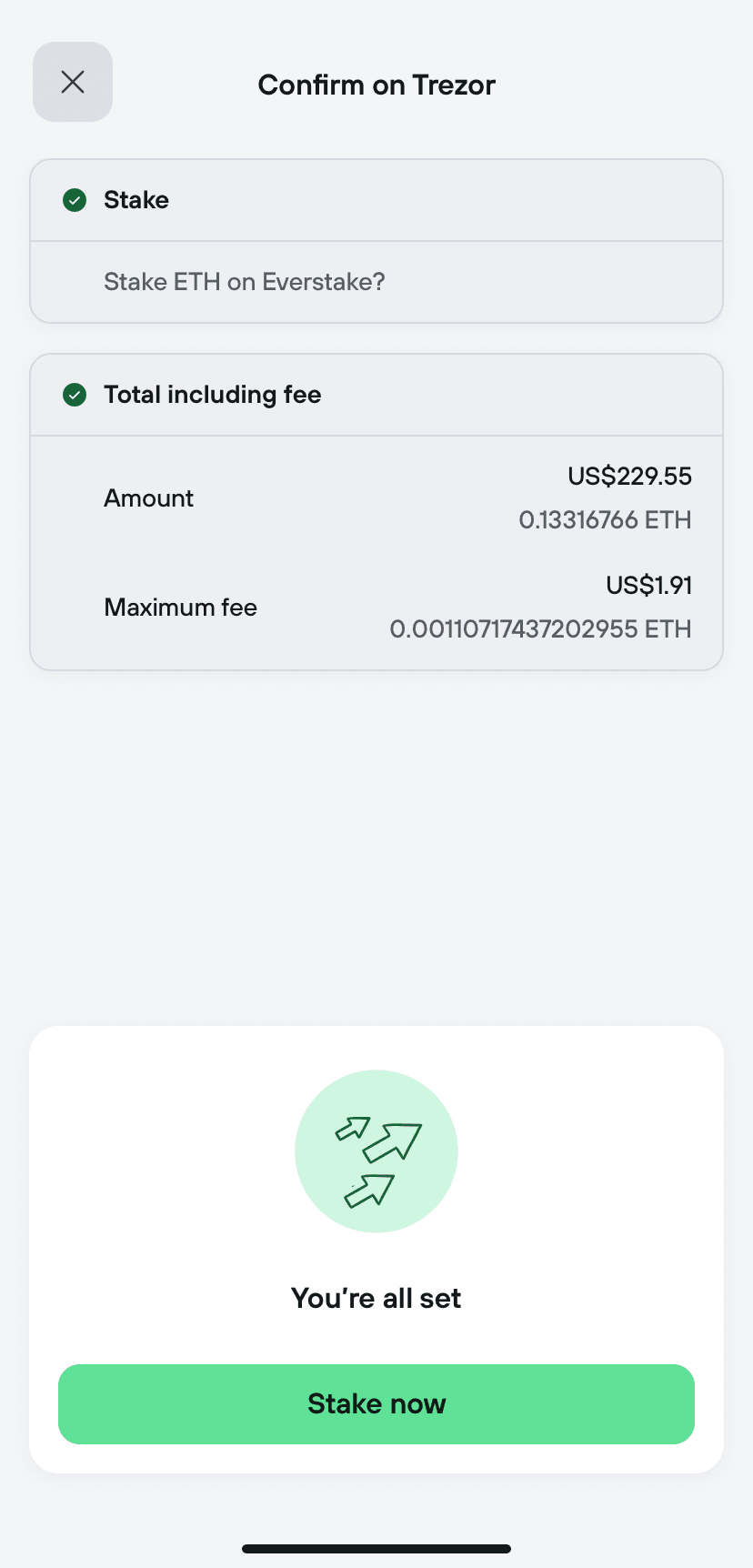 Confirm on Trezor screen shows stake details and total including fee before staking