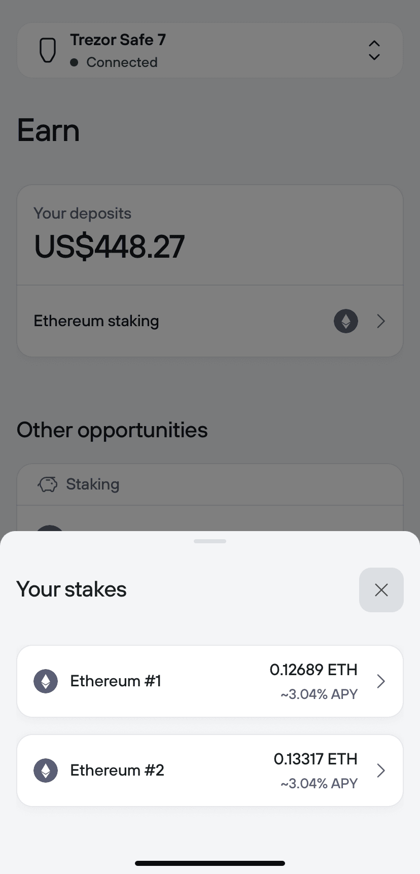 Your stakes sheet lists Ethereum #1 and Ethereum #2 with ETH amounts and APY