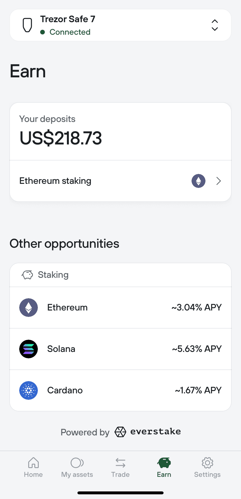 Earn tab shows Ethereum staking deposits and staking opportunities for Ethereum, Solana, and Cardano