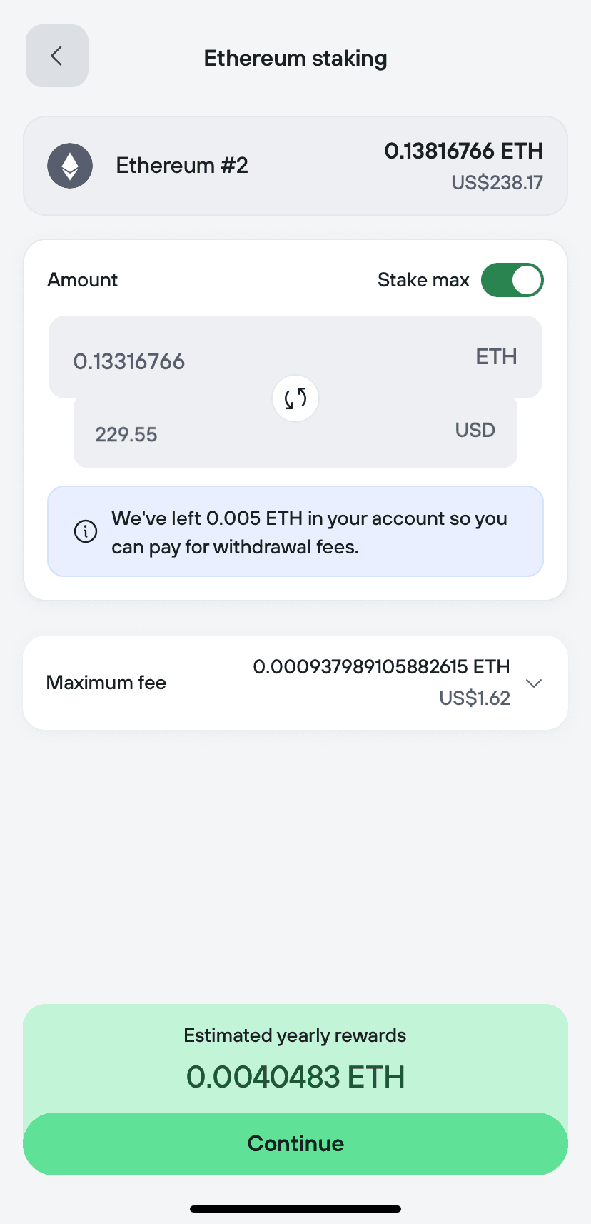 Ethereum staking form shows stake max enabled, maximum fee, and estimated yearly rewards