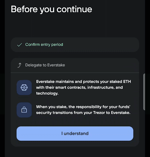ETH staking confirmation screen with entry period completed, Everstake security disclosures, and an I understand button.