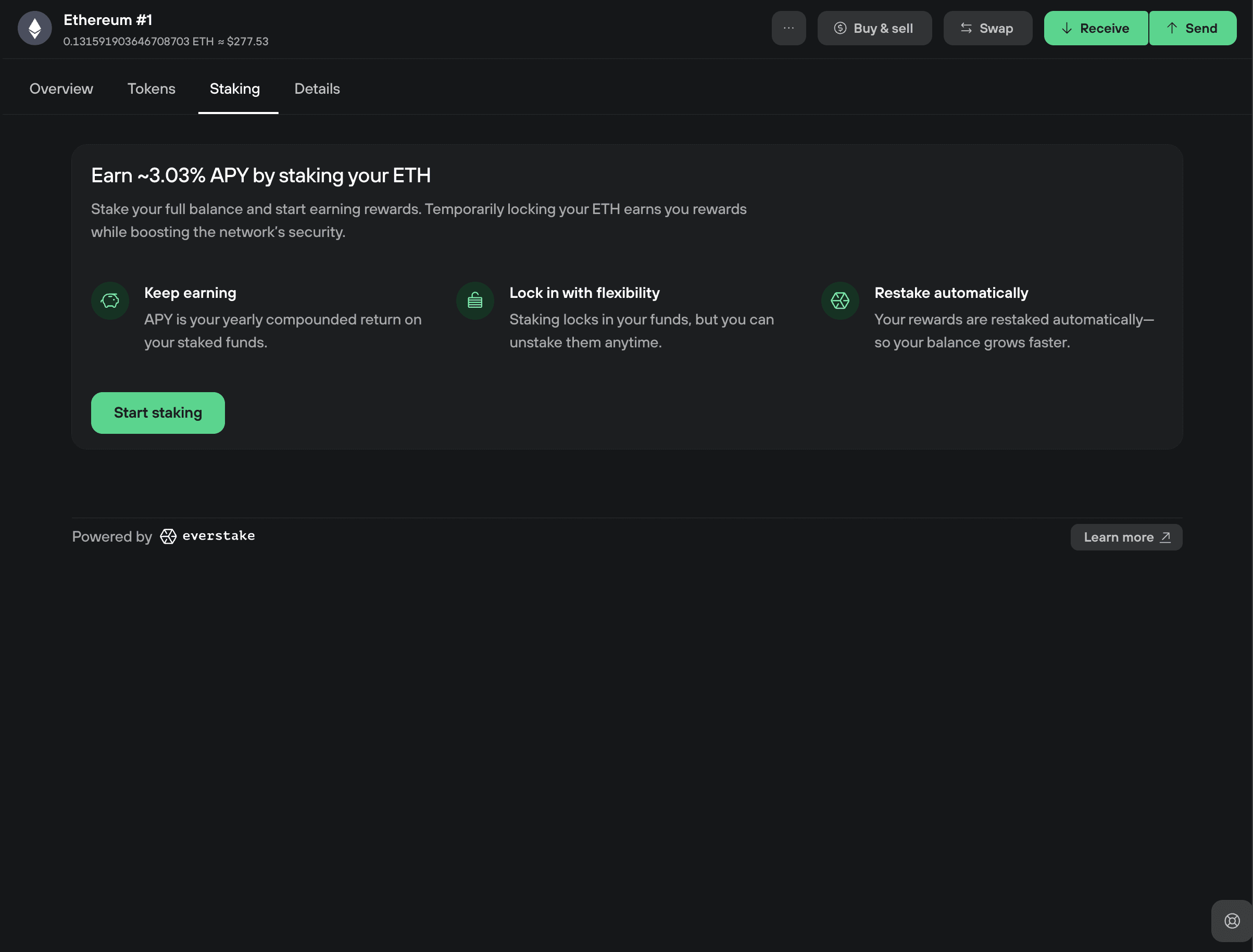 Ethereum staking page showing estimated APY, benefits, and a Start staking button