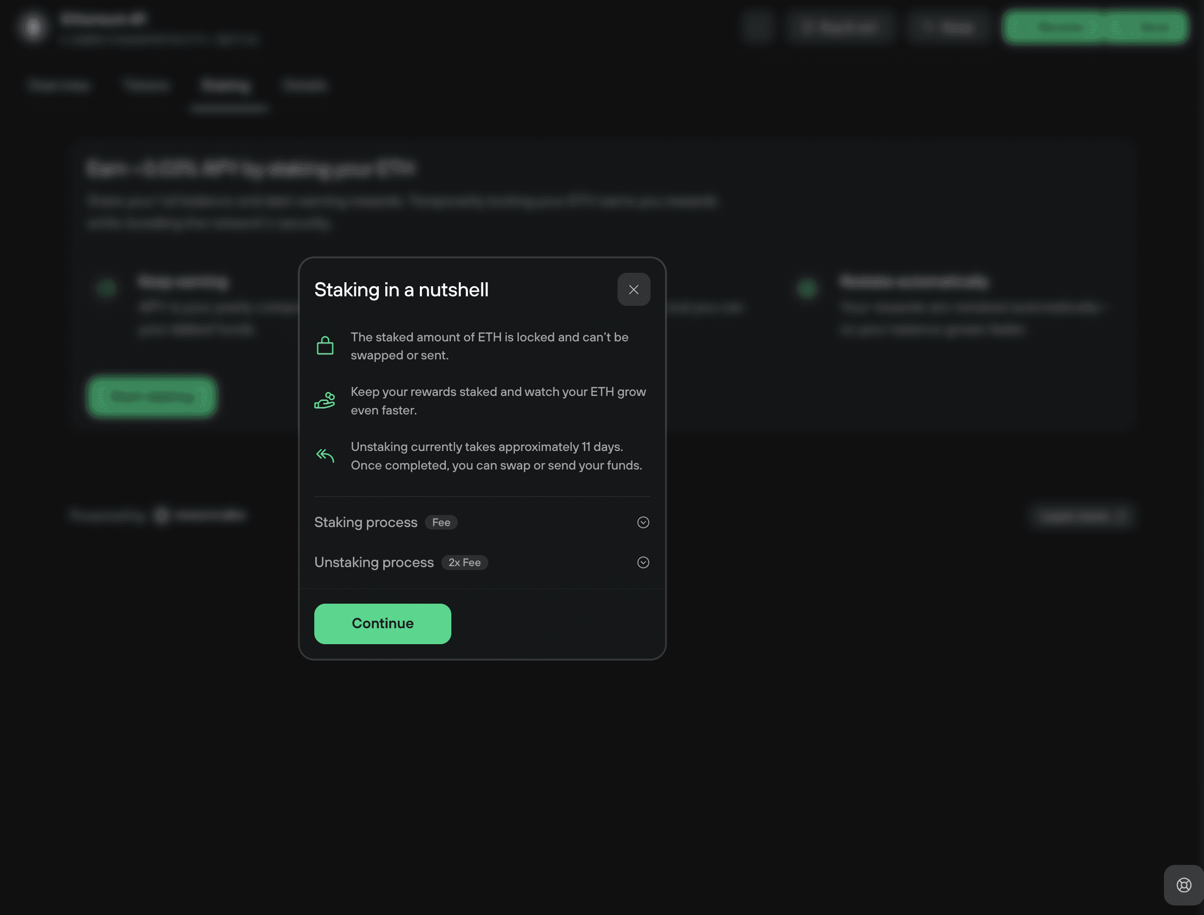Staking summary modal explaining locked ETH, restaked rewards, unstaking time, and process fees