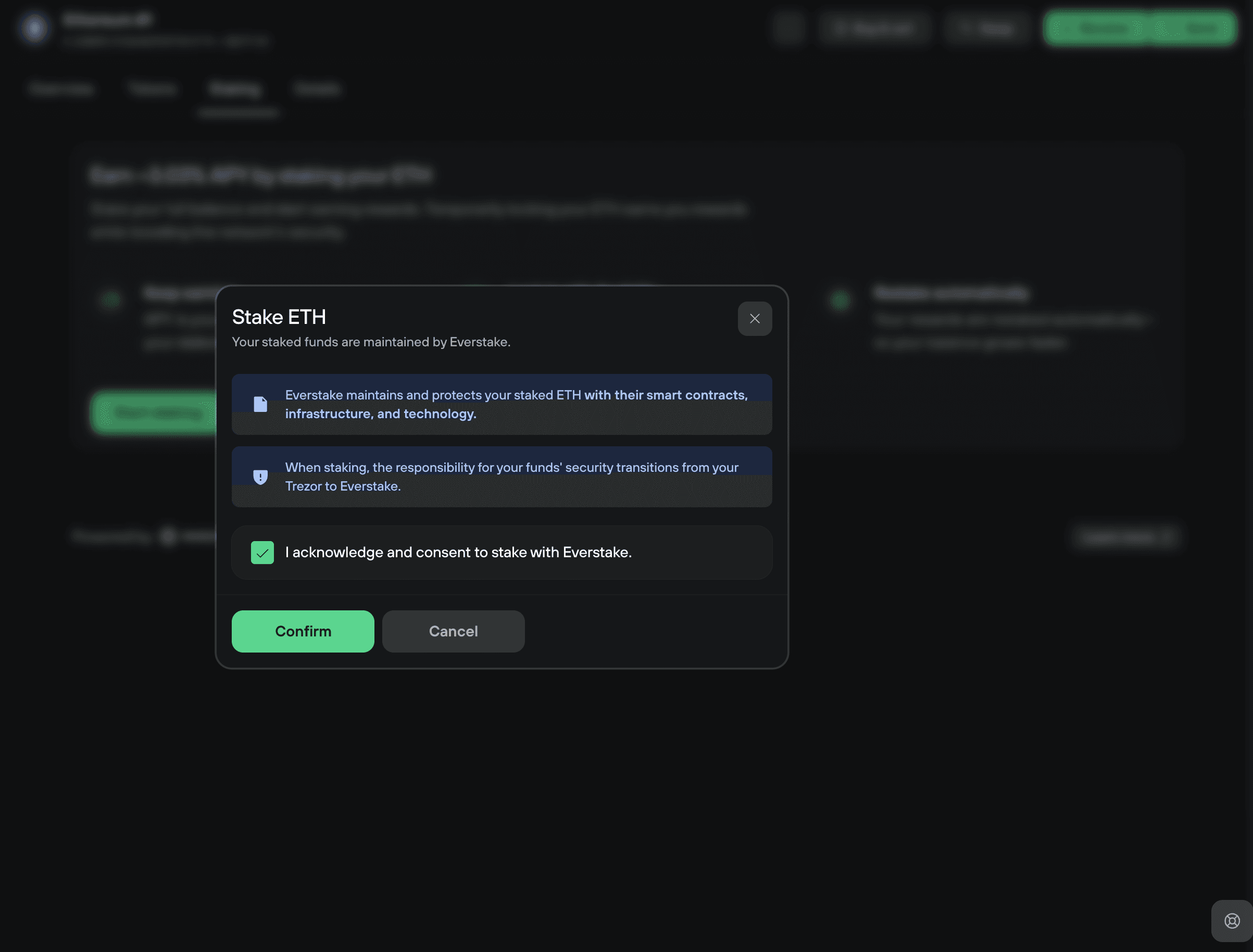 Stake ETH consent modal showing Everstake security notices and an acknowledgement checkbox