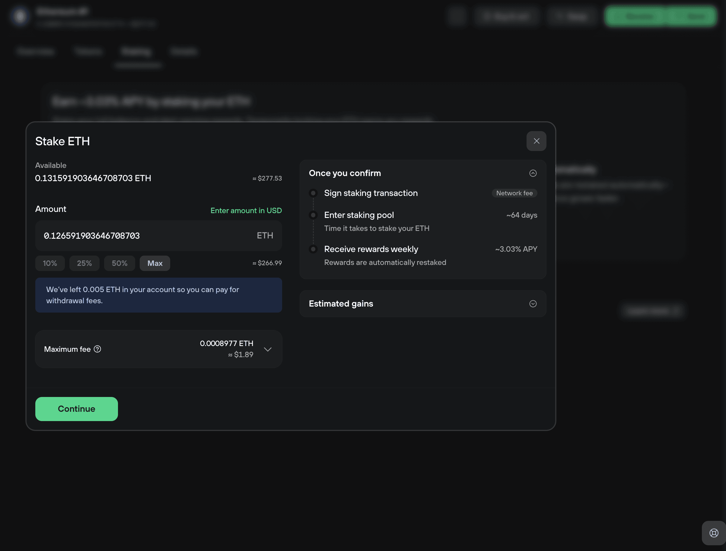 Stake ETH form showing amount, withdrawal-fee reserve, maximum fee, and expected staking steps