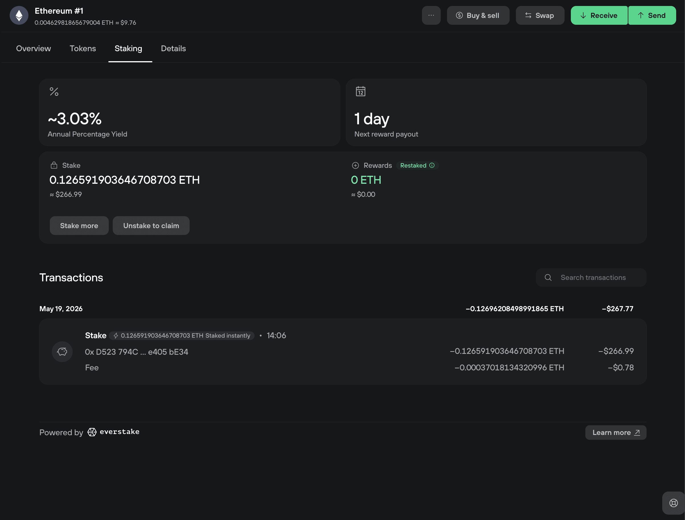Ethereum staking dashboard showing APY, staked amount, rewards, and a staking transaction