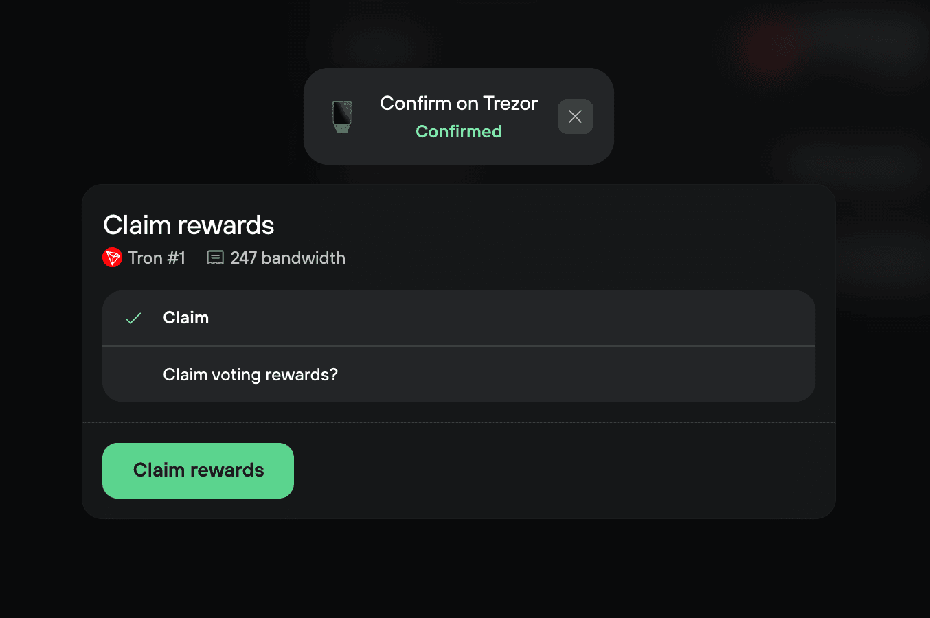 Trezor confirms a Tron voting rewards claim using 247 bandwidth, with a Claim rewards button.