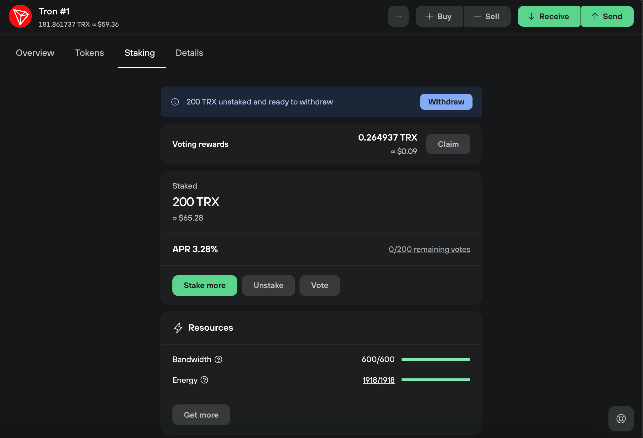 Tron staking shows 200 TRX ready to withdraw, 0.264937 TRX in rewards, and full bandwidth and energy.