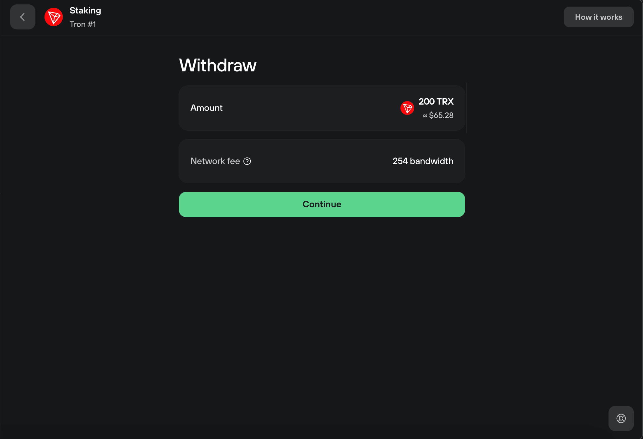 Tron withdrawal shows 200 TRX worth about $65.28, a 254-bandwidth network fee, and a Continue button.