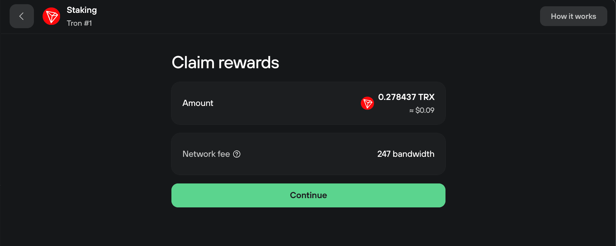 Claim rewards shows 0.278437 TRX worth about $0.09, a 247-bandwidth network fee, and a Continue button.