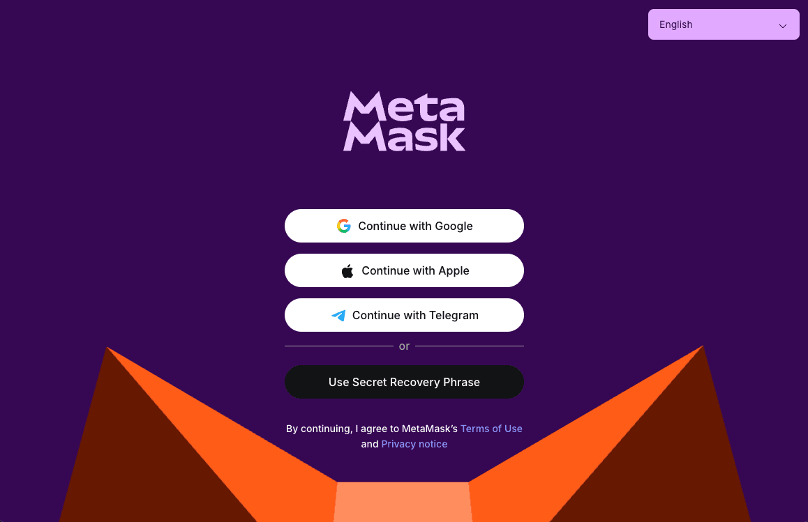 MetaMask welcome screen with options to continue using Google, Apple, Telegram, or a Secret Recovery Phrase.