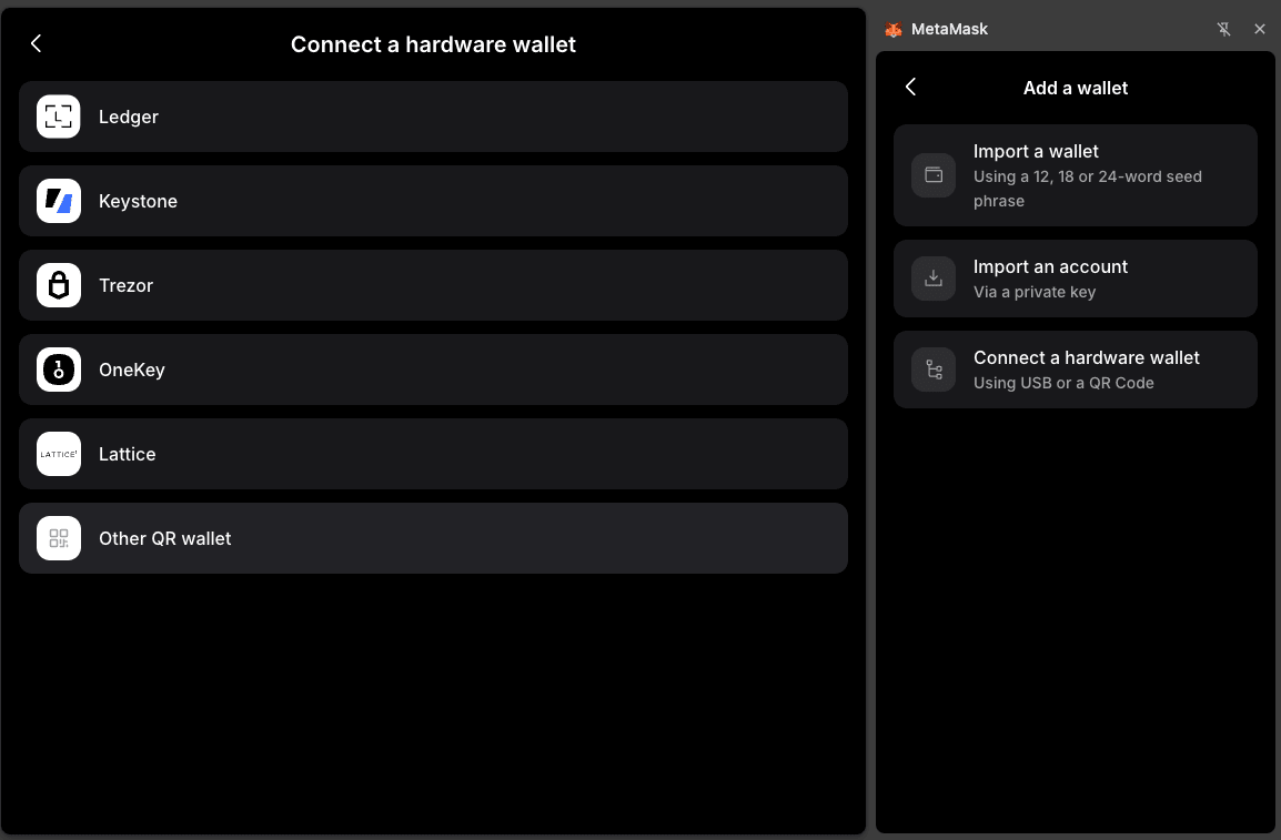 MetaMask hardware wallet connection screen lists Trezor alongside other devices, with the Add a wallet menu open.