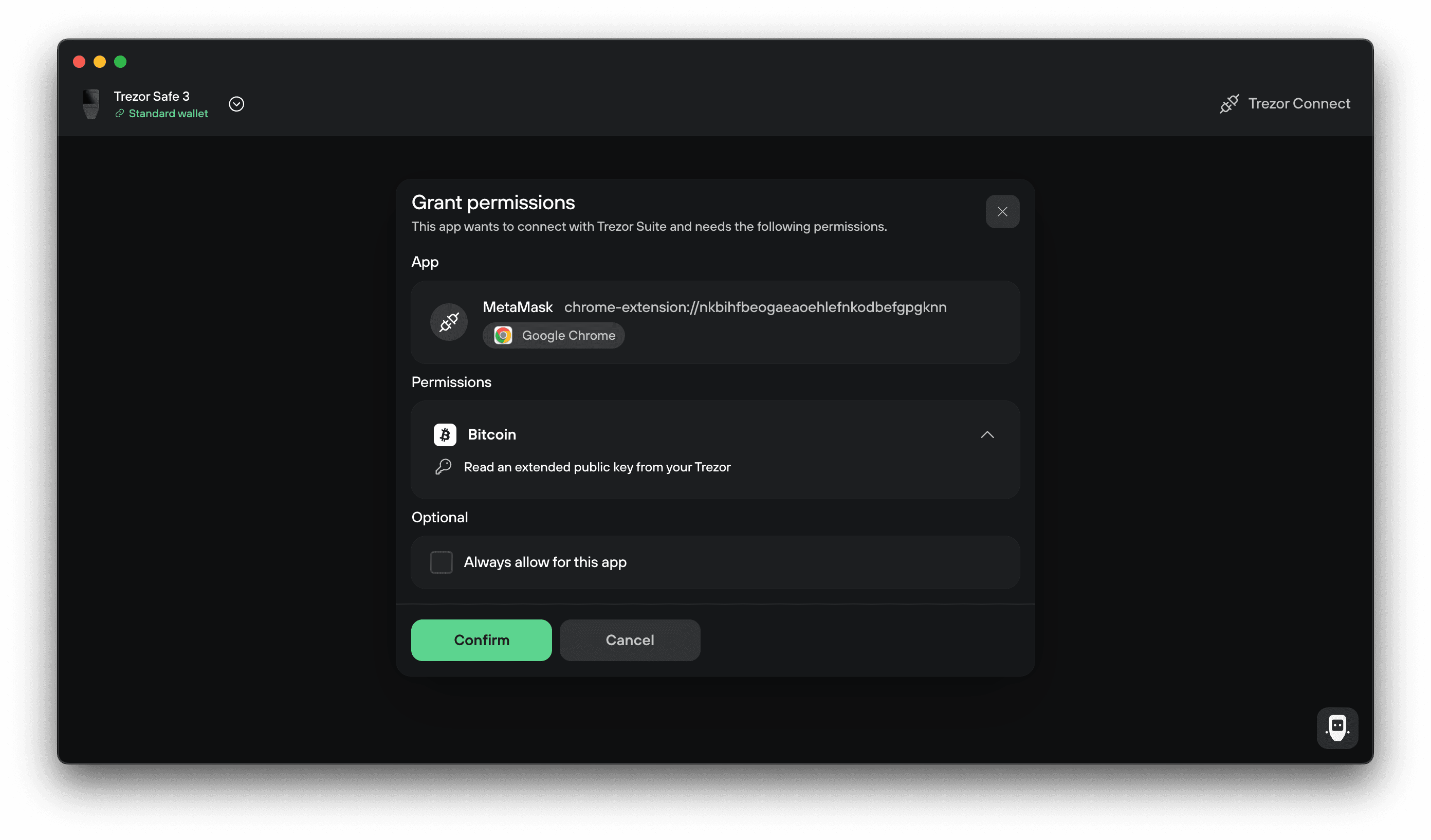 Trezor Connect permission dialog asks to allow MetaMask to read a Bitcoin extended public key, with Confirm and Cancel buttons.