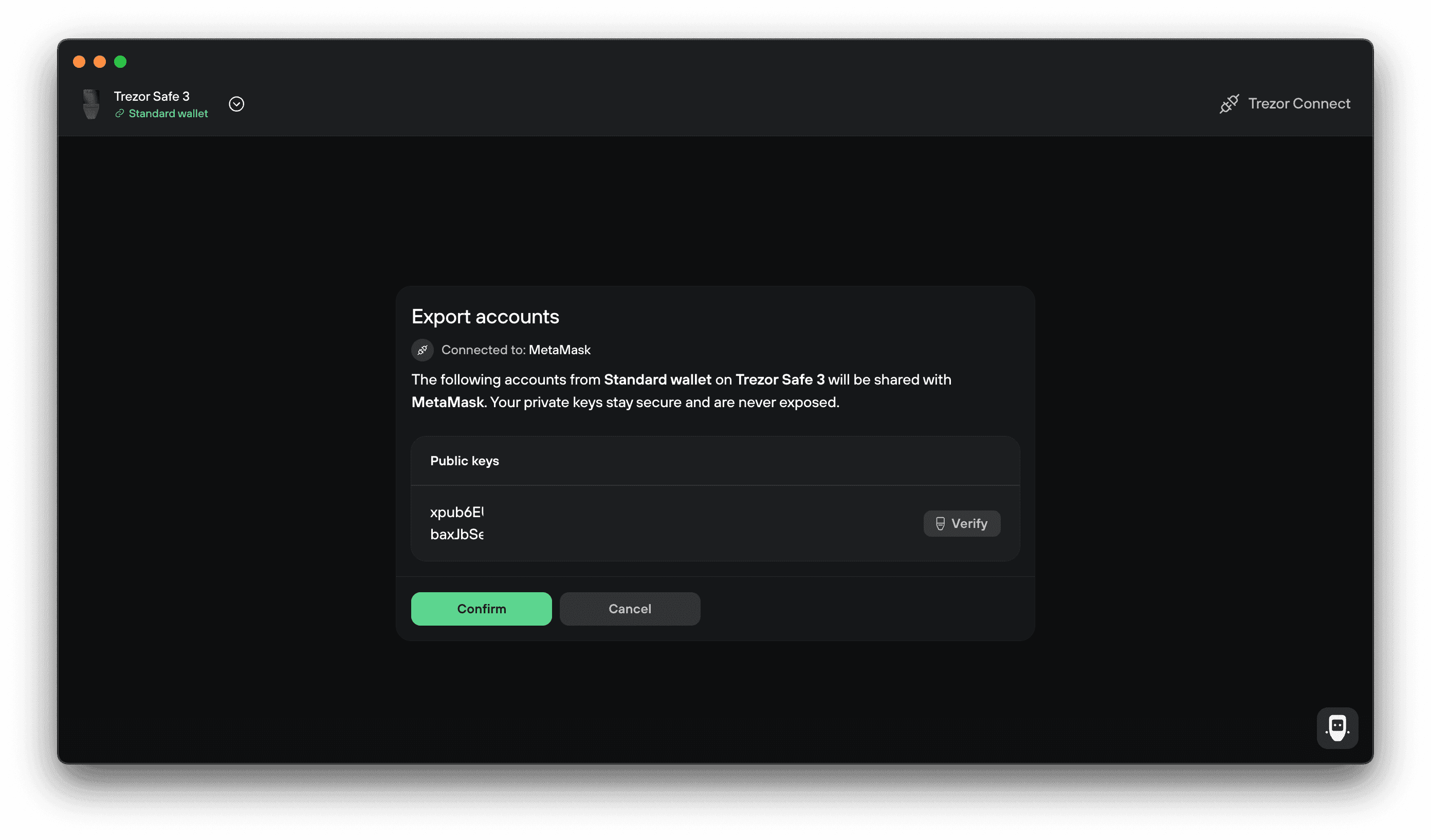 Trezor Connect displays a public key from Trezor Safe 3 for export to MetaMask, with Verify, Confirm, and Cancel options.