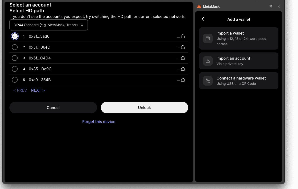 MetaMask account selection screen shows five hardware wallet addresses, with the first selected and BIP44 Standard HD path enabled.