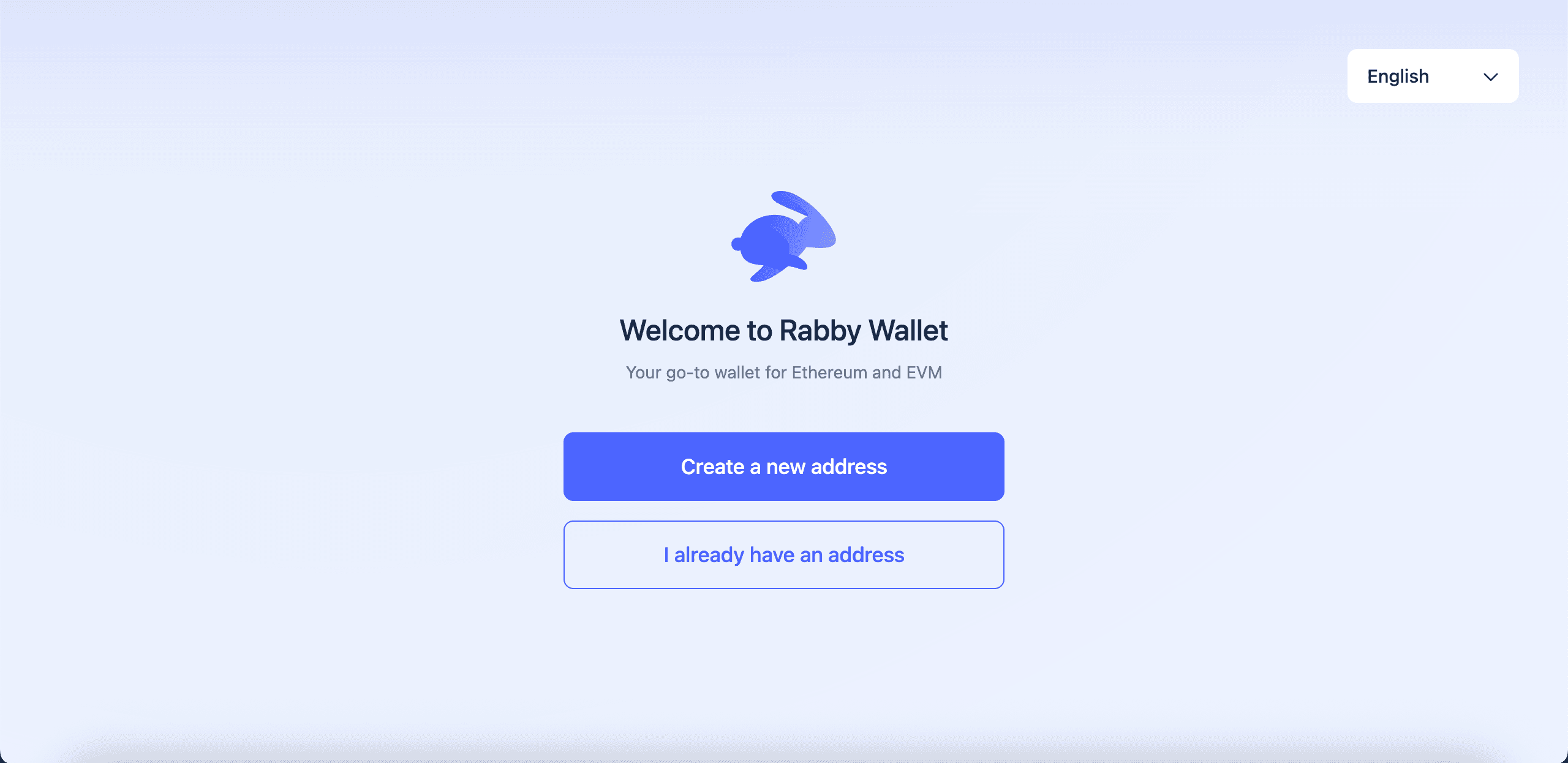 Rabby Wallet welcome screen with options to create a new address or import an existing one.