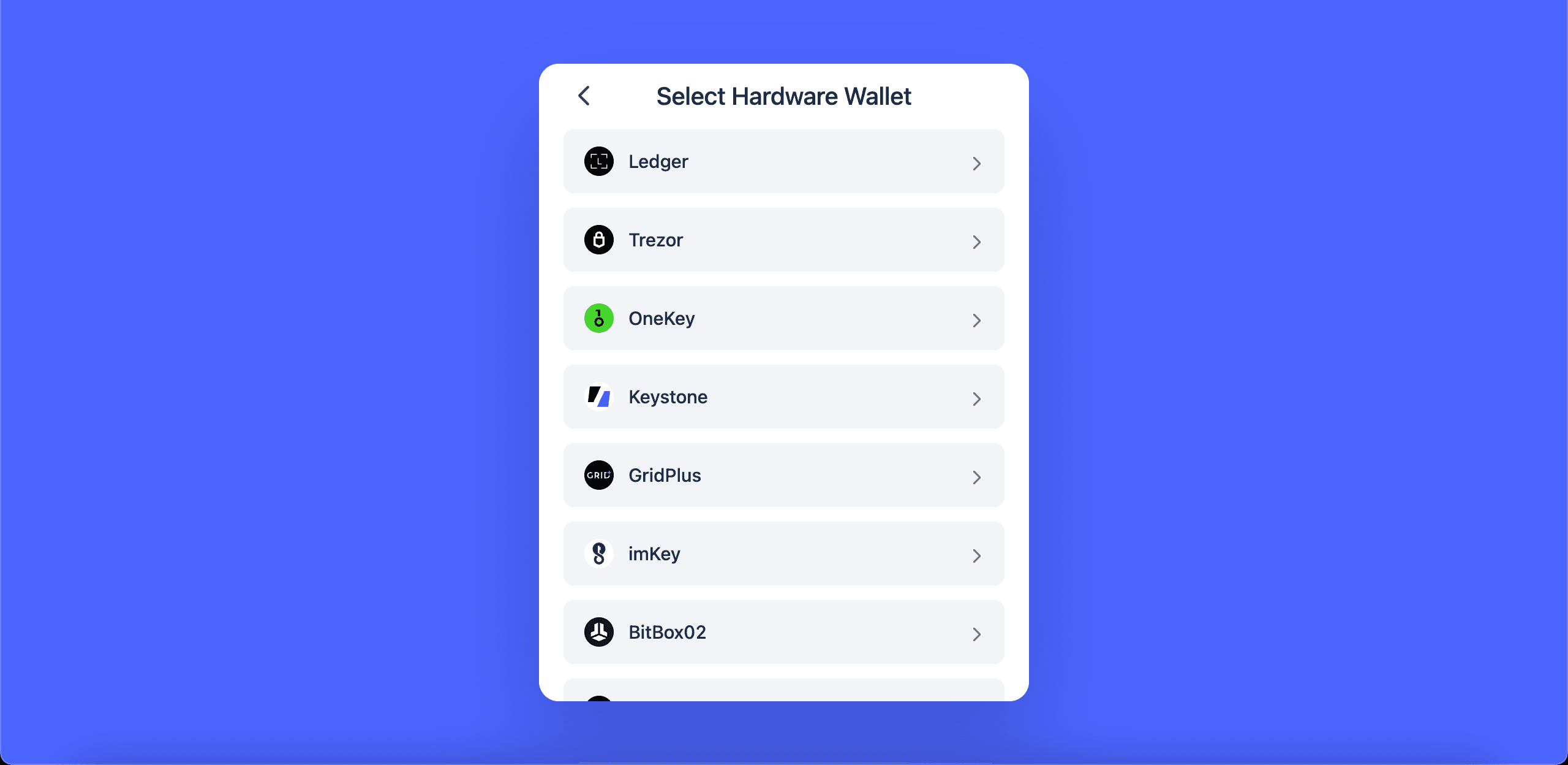 Rabby Wallet hardware wallet selection screen listing Trezor alongside other supported devices.