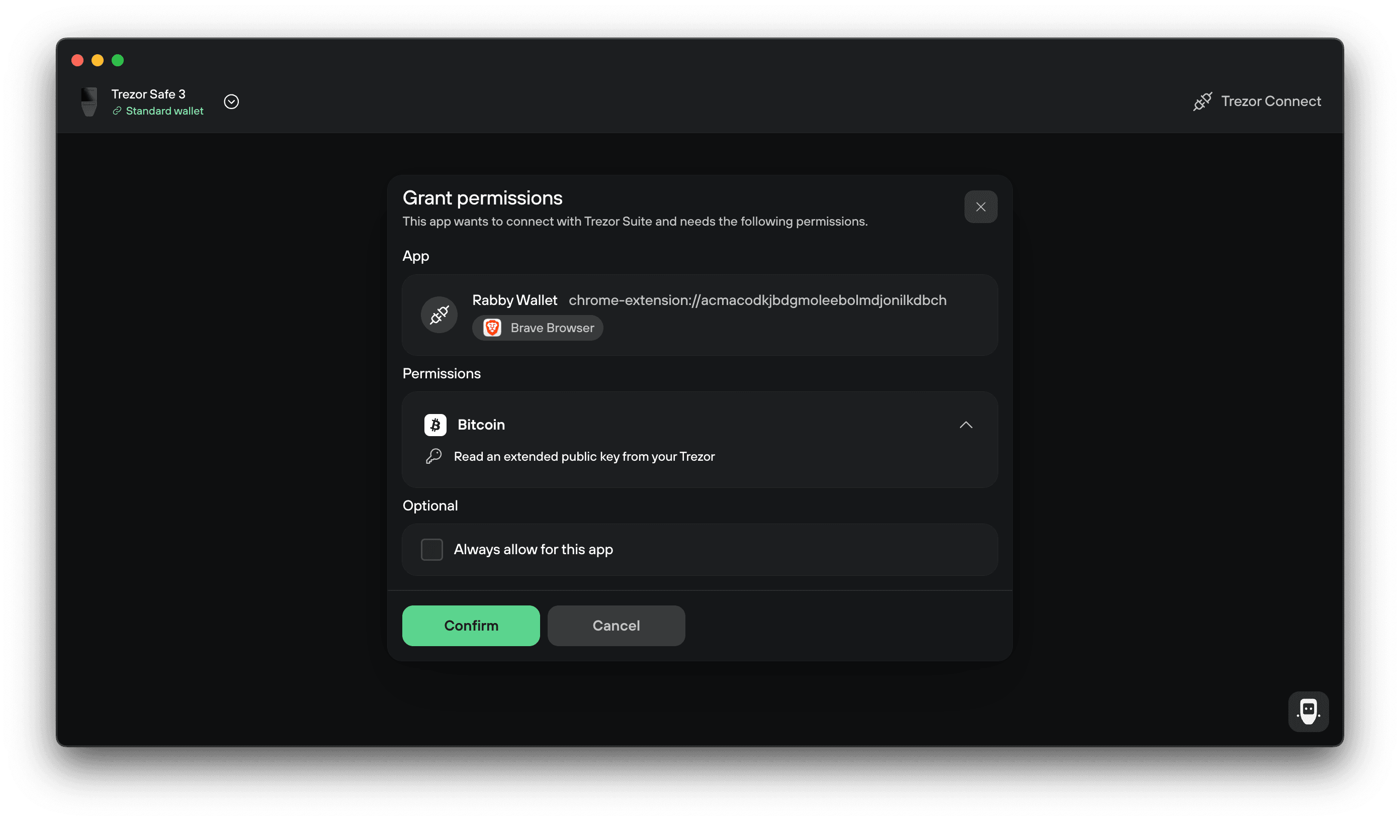 Trezor Connect asks permission for Rabby Wallet to read a Bitcoin extended public key, with Confirm and Cancel buttons.