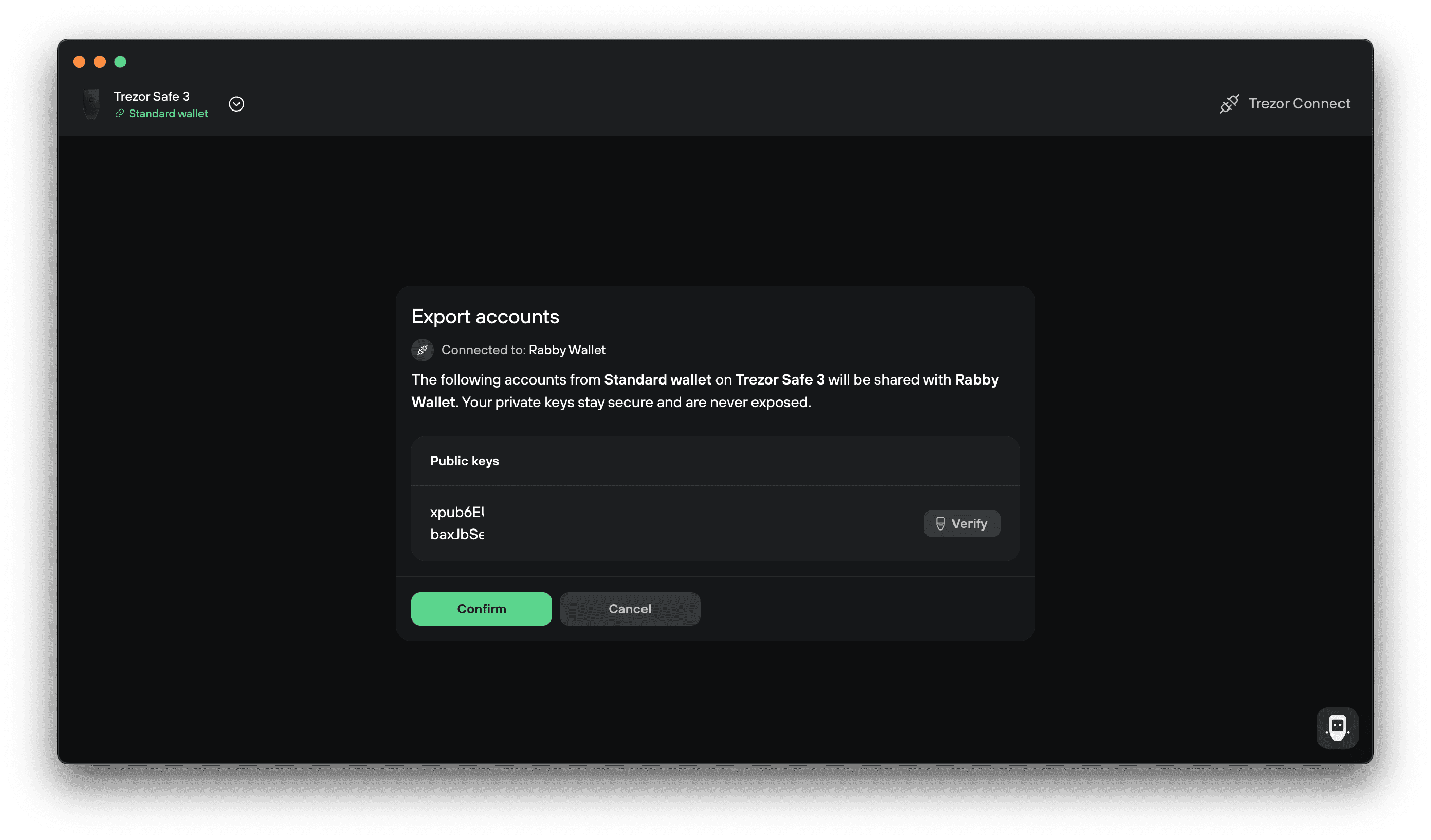 Trezor Connect displays a public key to export to Rabby Wallet, with Verify, Confirm, and Cancel options.