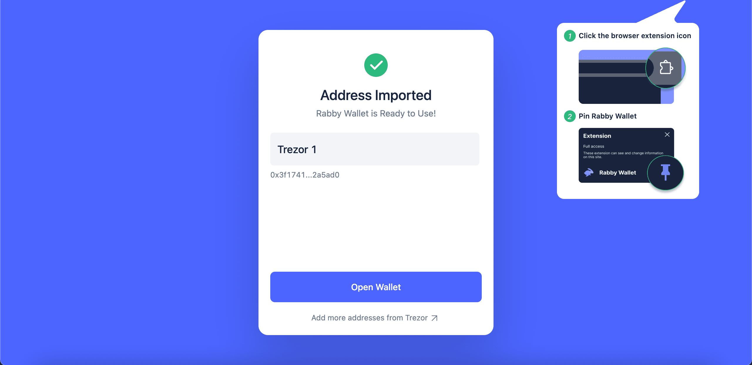 Rabby Wallet confirms a Trezor address was imported, with options to open the wallet or add more addresses.