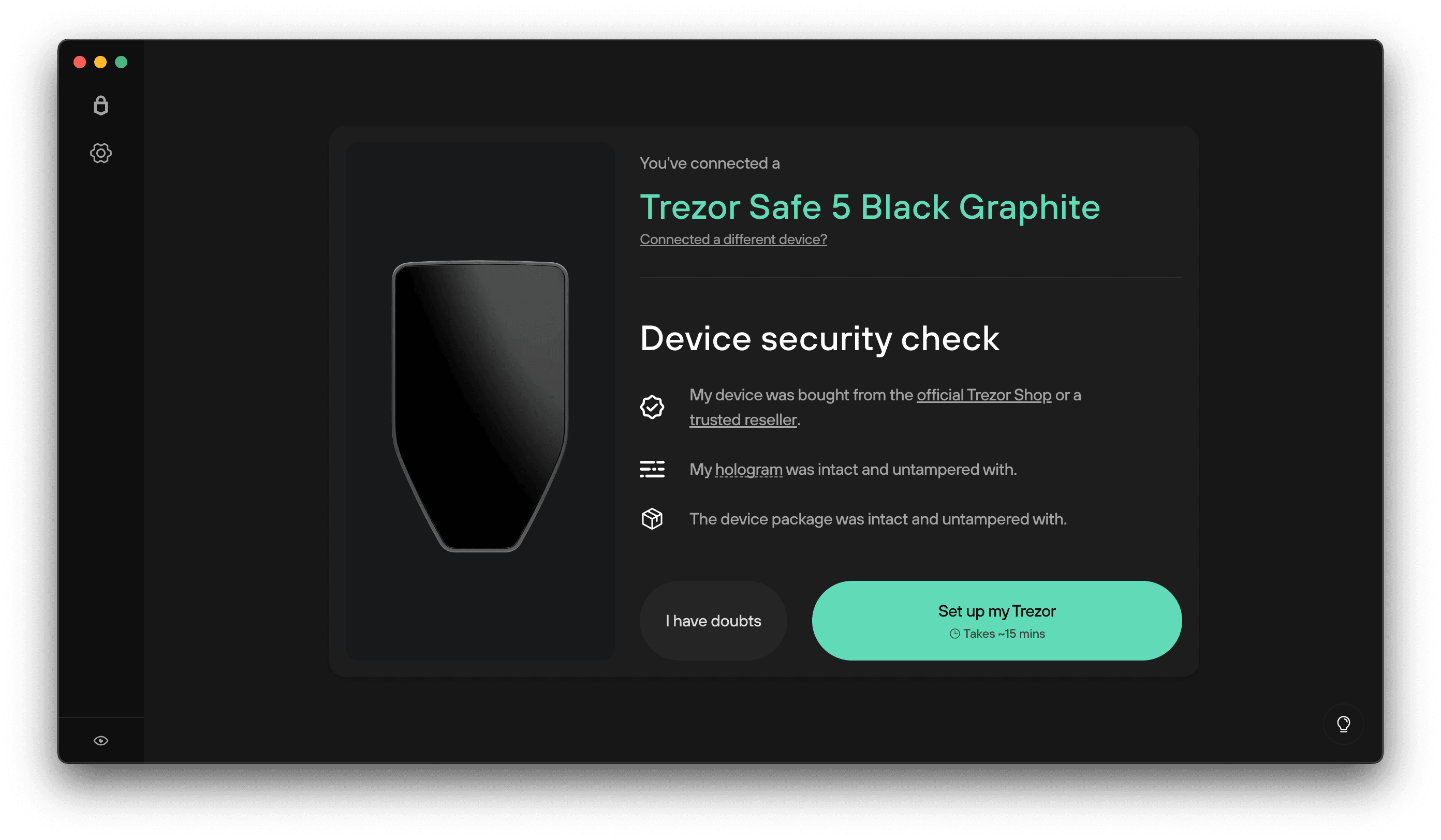 Trezor Suite screen showing a connected Trezor and device security check with a 'Set up my Trezor' button.