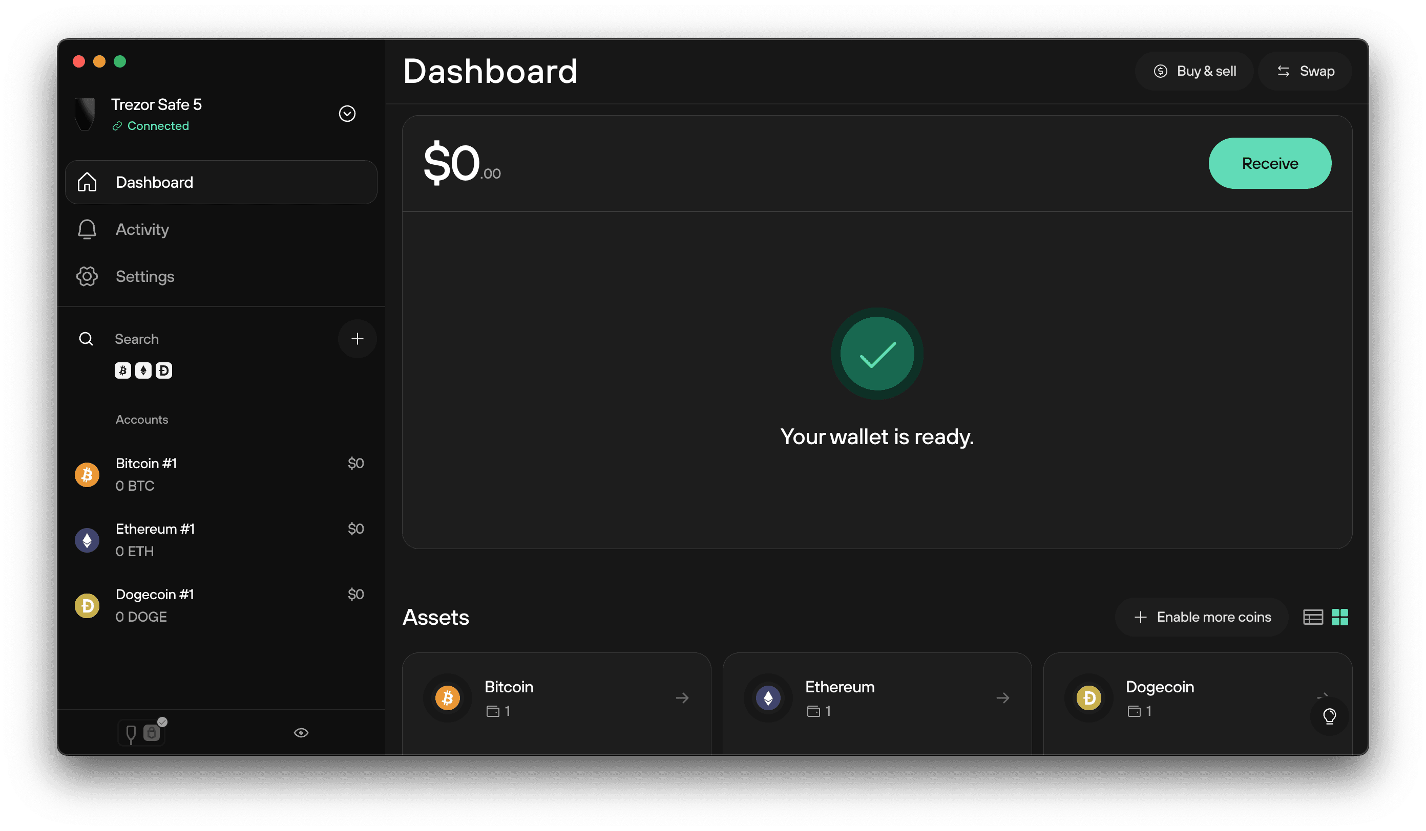 Trezor Suite dashboard showing ‘Your wallet is ready’ message with zero balances for multiple coins.