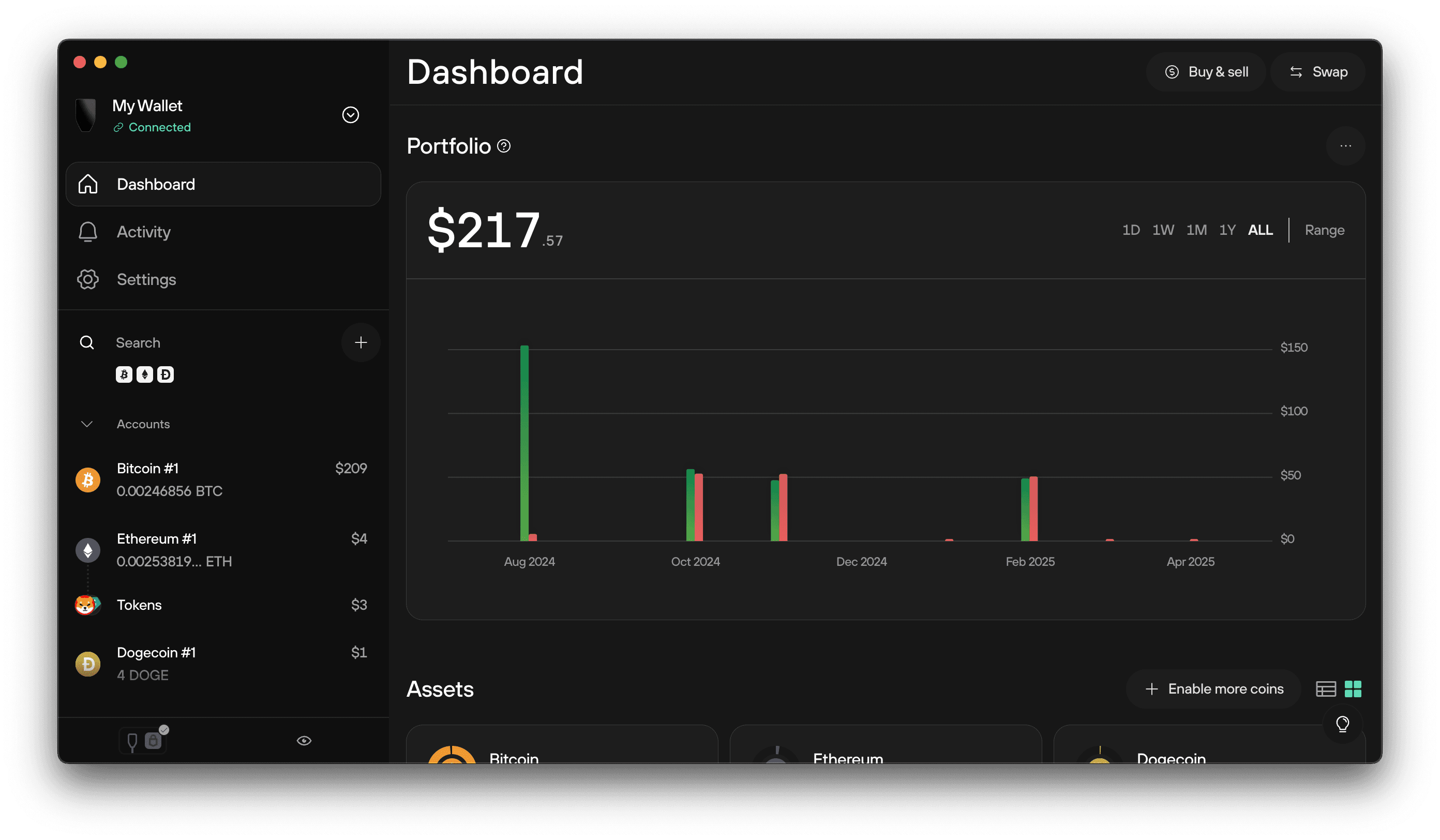 Trezor Suite dashboard showing a sample portfolio value, historical chart, and list of crypto accounts.