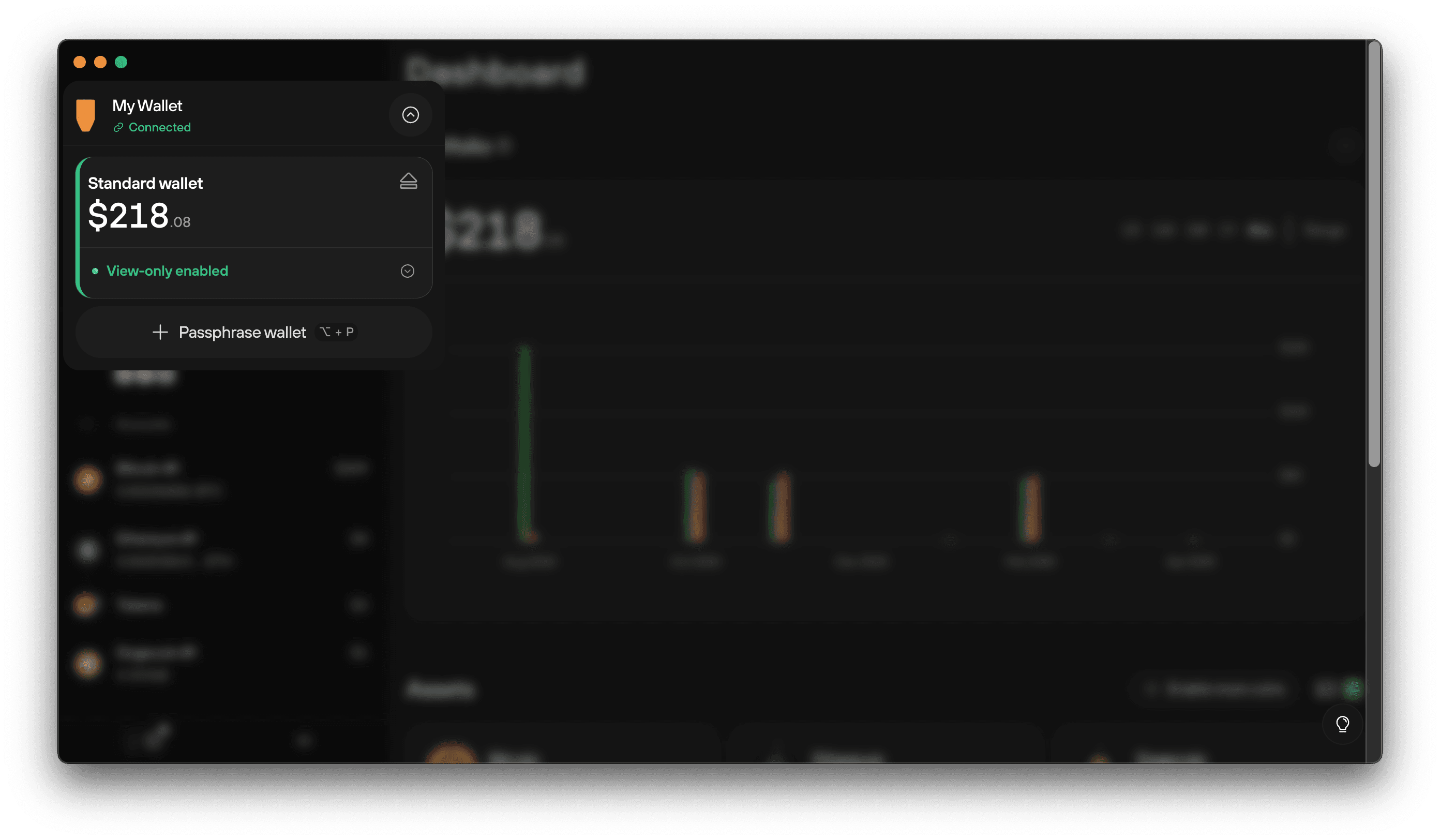 Trezor Suite wallet menu showing a connected Standard wallet with a certain balance and view-only mode enabled.