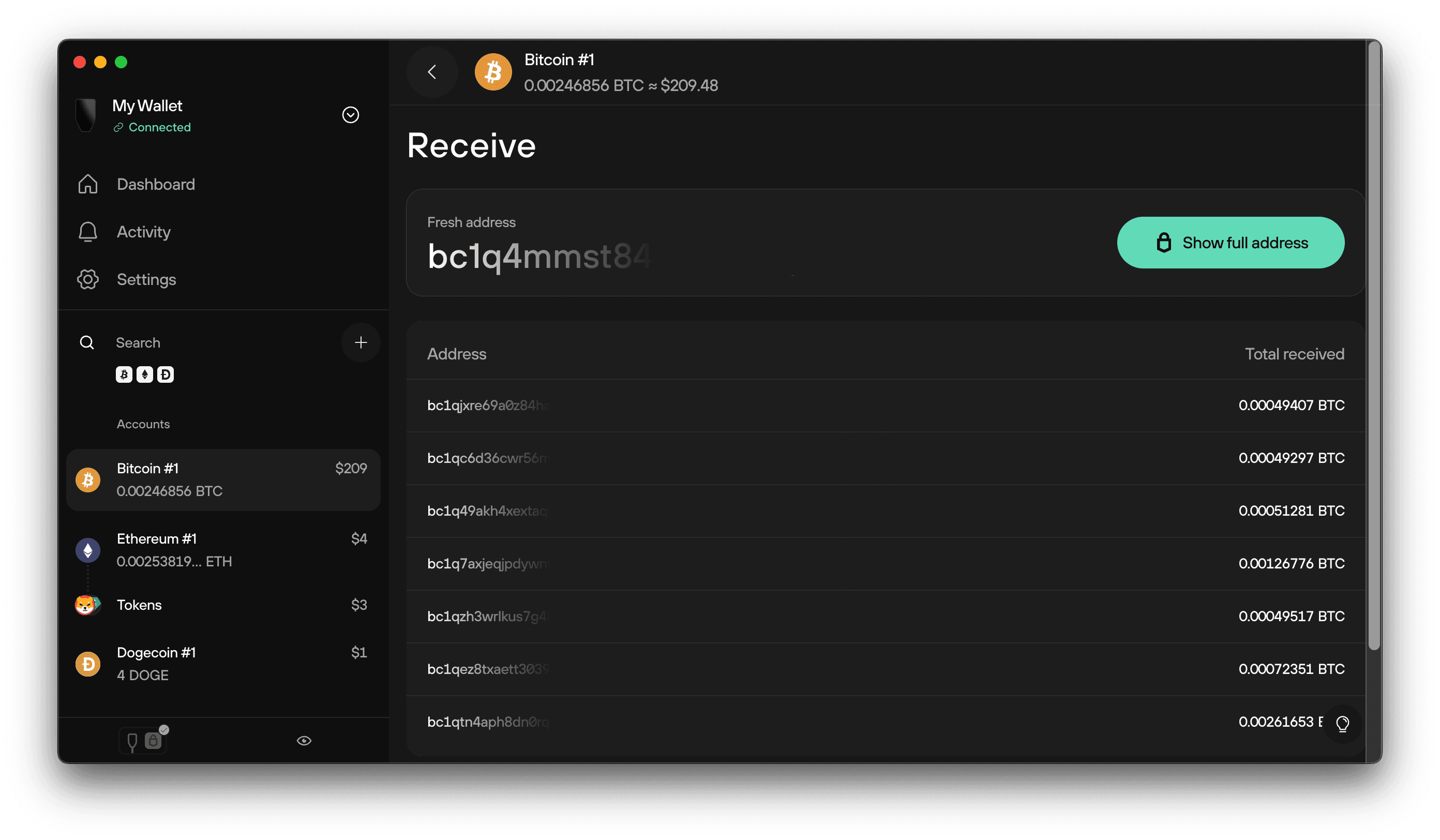 Receive tab in Trezor Suite showing a BTC address, recent addresses list, and total received amounts.