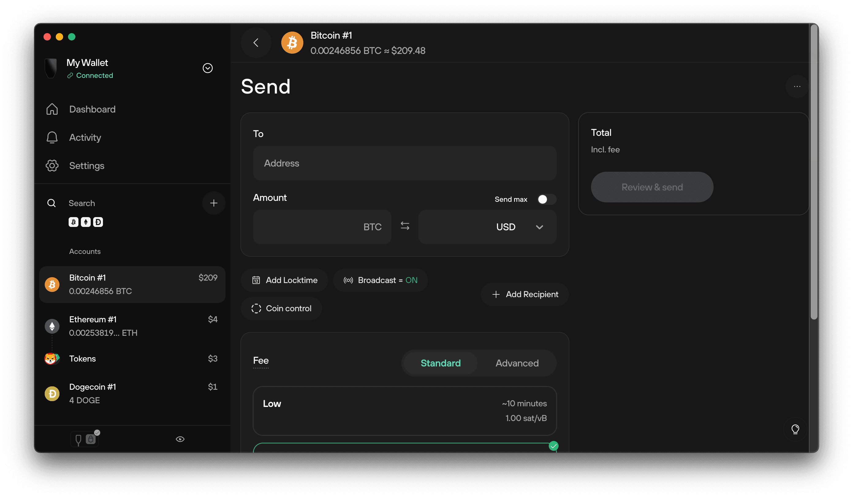Send tab in Trezor Suite with fields to enter recipient address, amount, and fee settings for a BTC transaction.
