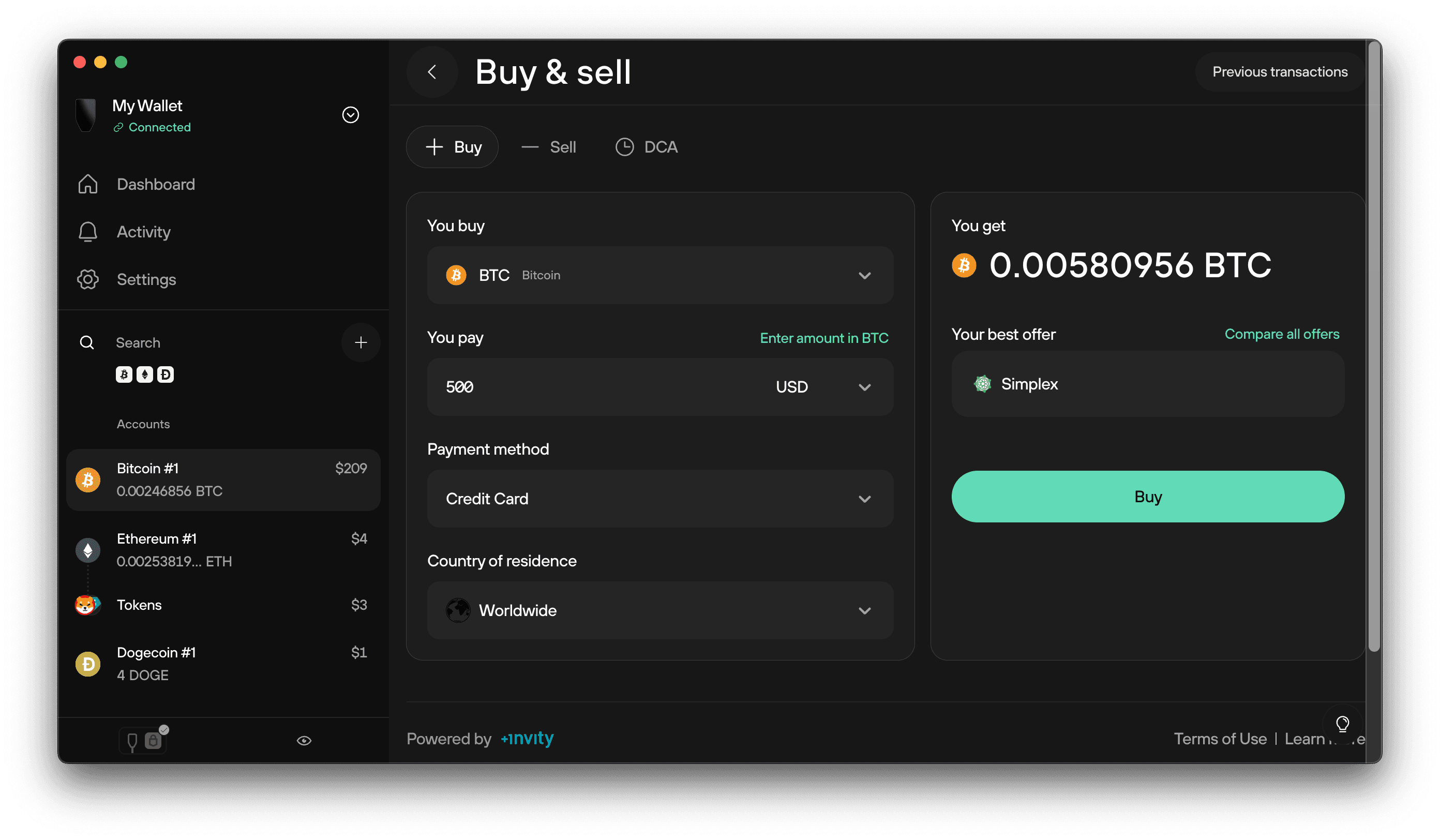 Buy & Sell tab in Trezor Suite showing a BTC purchase setup with selected provider, payment method, and estimated BTC amount.