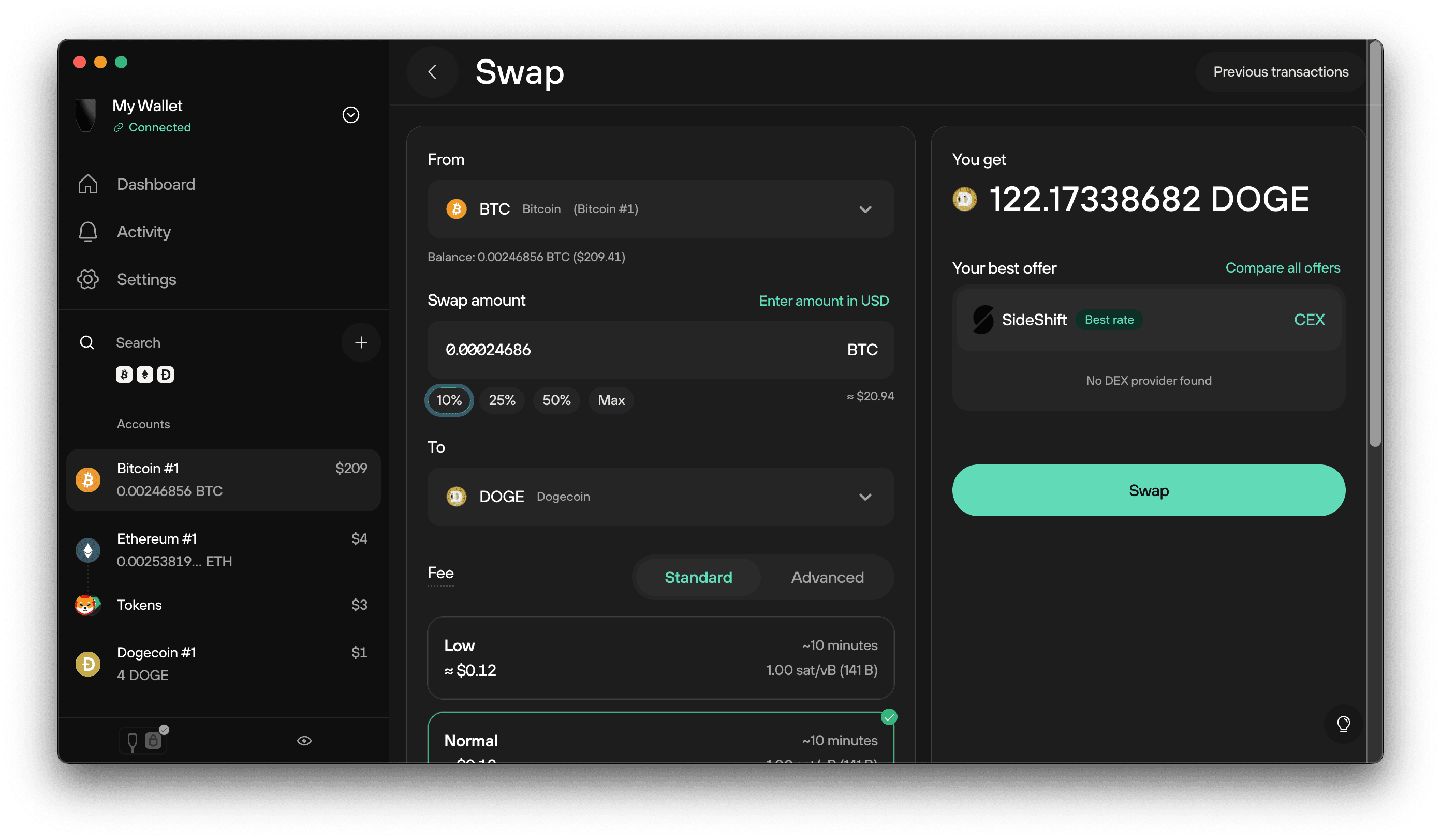 Swap tab in Trezor Suite showing a BTC-to-DOGE exchange with amount, provider, and estimated DOGE received.