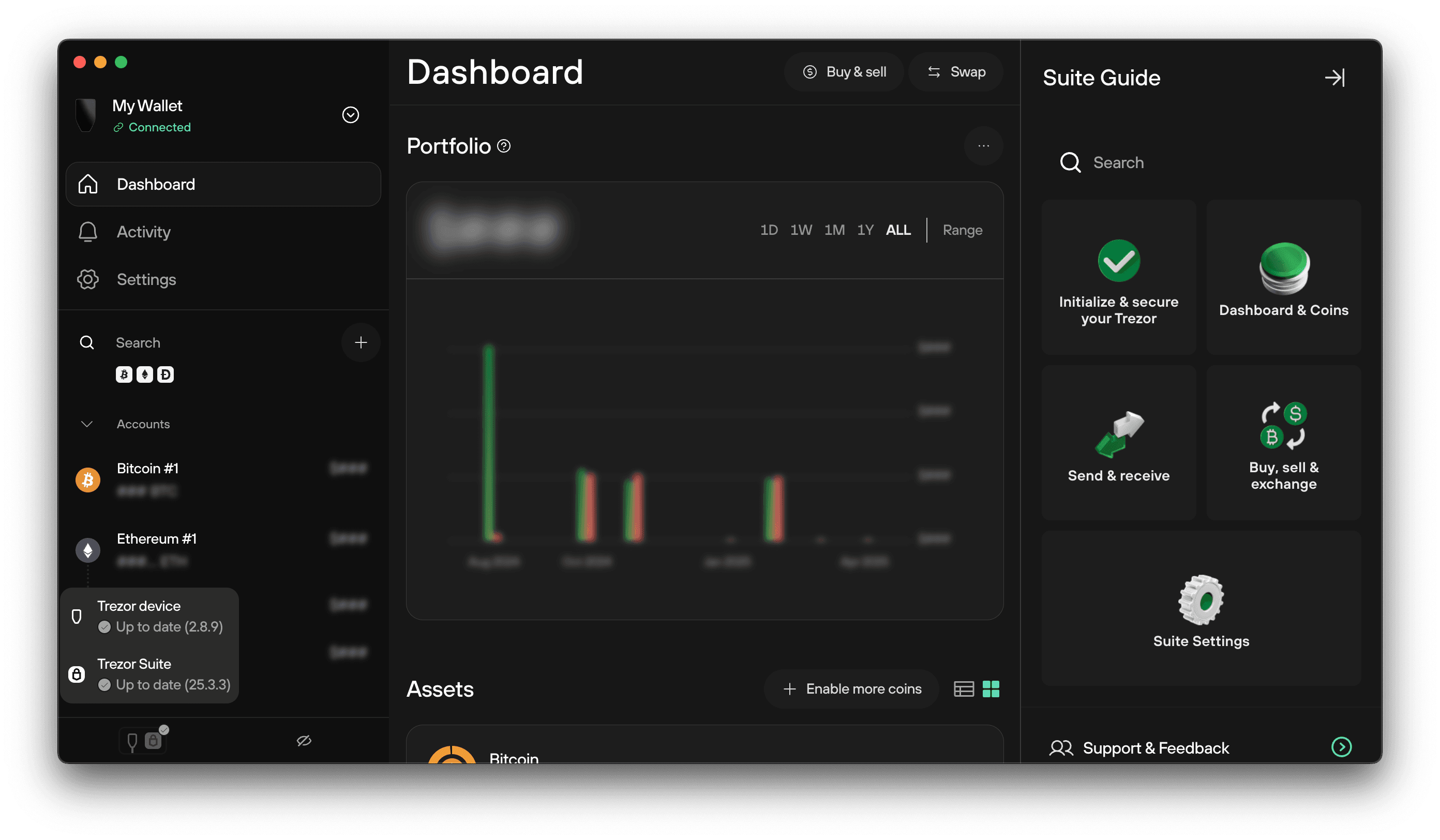 Trezor Suite dashboard with a portfolio chart, asset list, and Suite Guide panel showing quick links to key wallet features.
