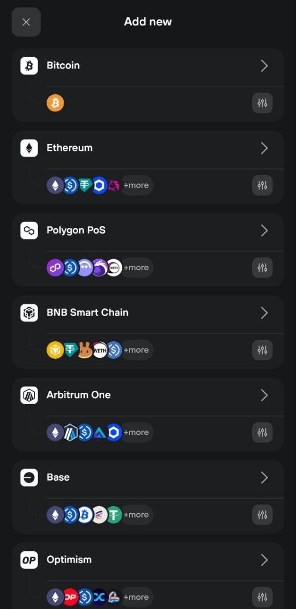 Add new account screen listing Bitcoin, Ethereum, Polygon, BNB Smart Chain, and more