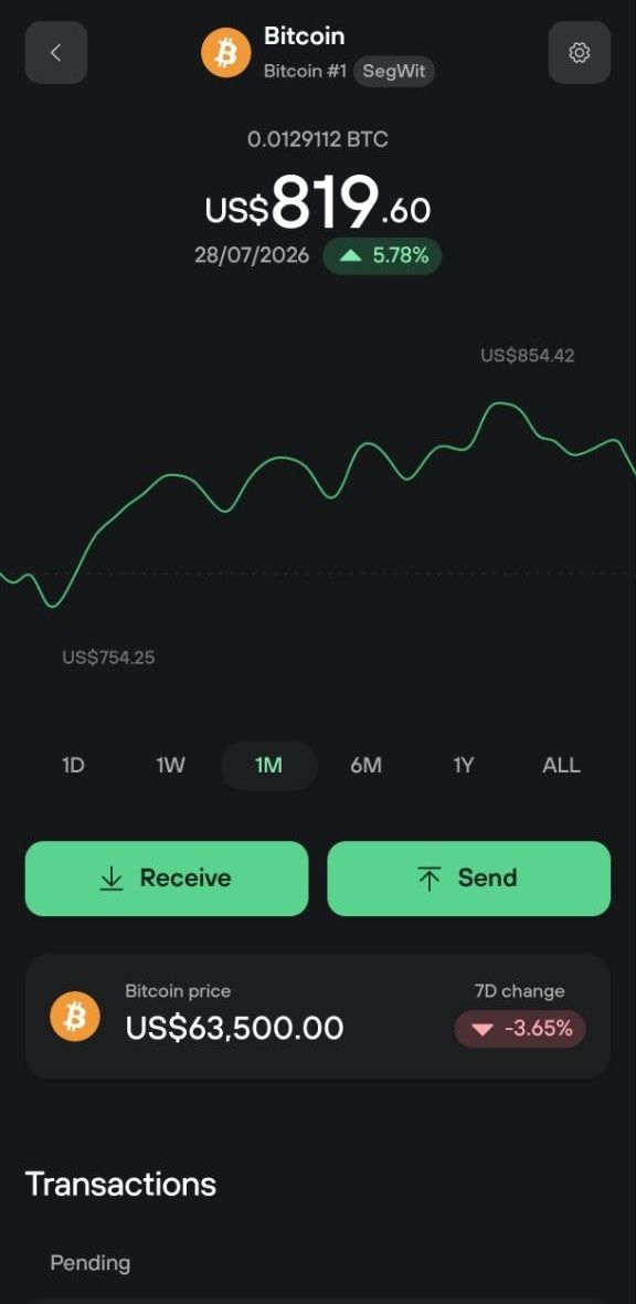 Bitcoin #1 balance, one-month price chart, and Receive and Send buttons