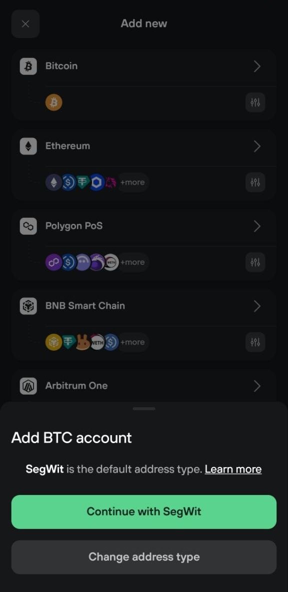 Add BTC account prompt with SegWit selected and buttons to continue or change type