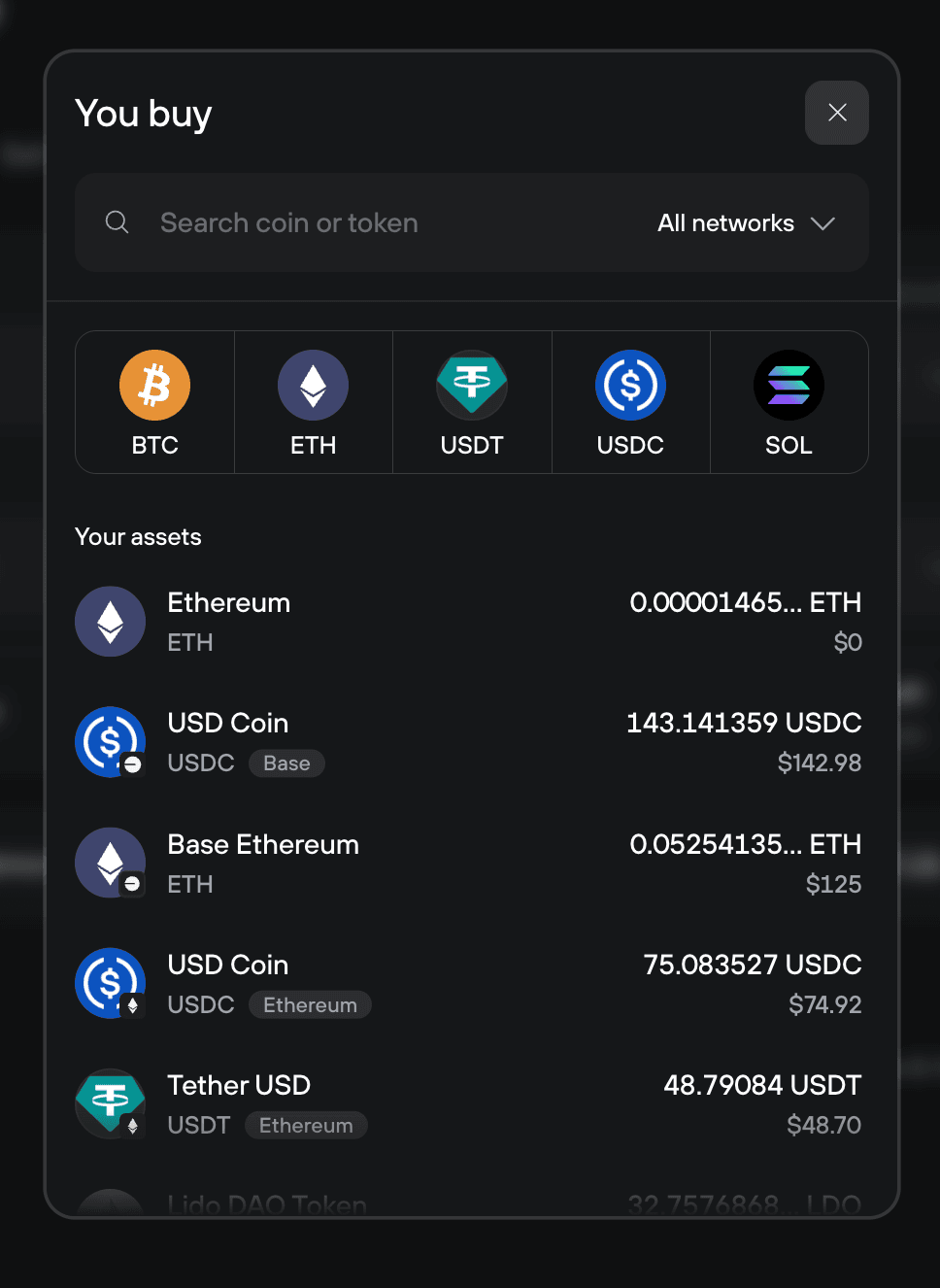 Coin selector showing popular tokens and available assets across networks for a crypto purchase