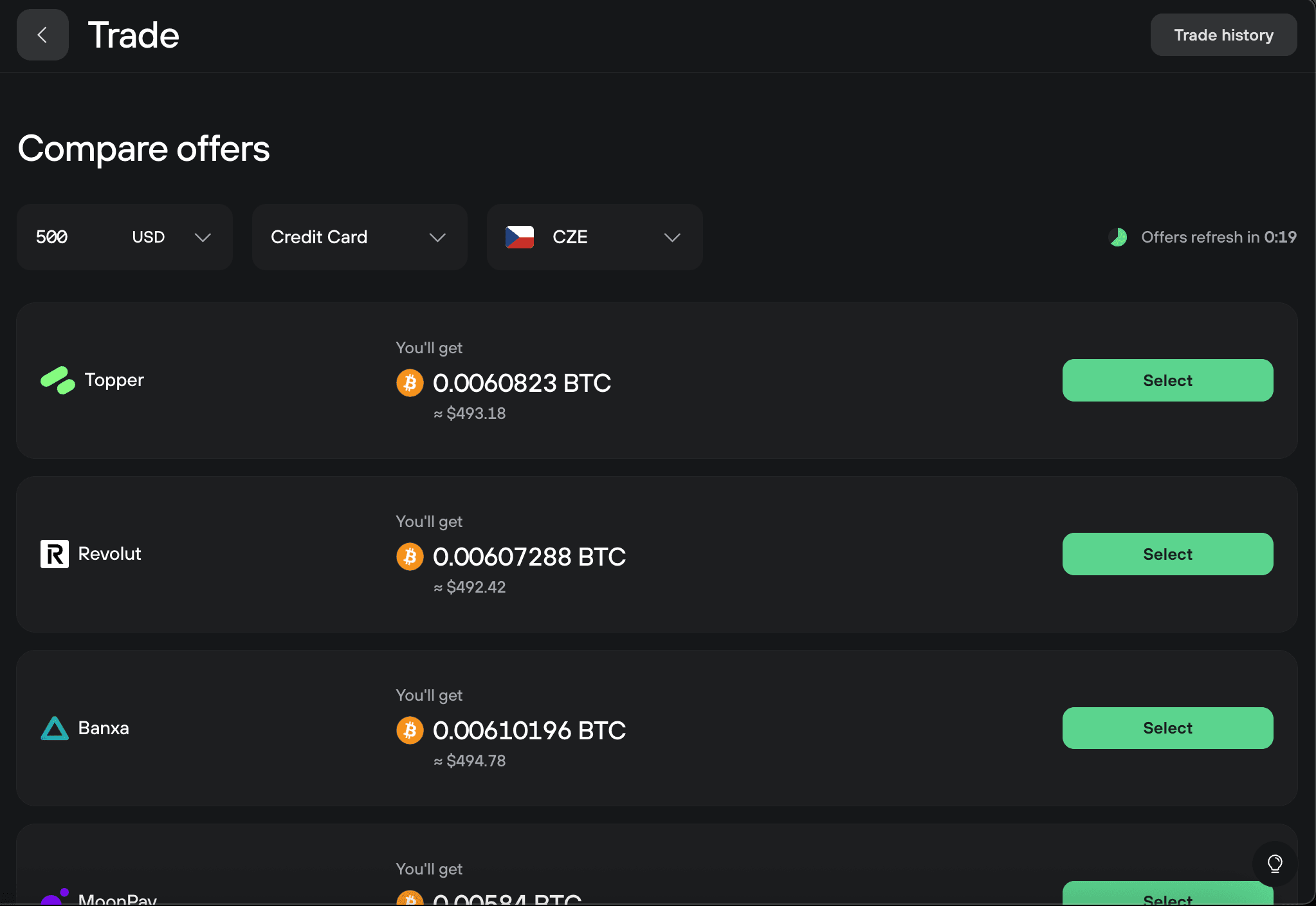 Offer comparison screen listing providers and estimated Bitcoin amounts for a $500 credit card purchase