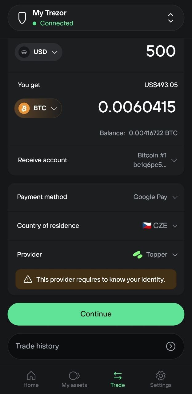 Mobile trade form showing a $500 Google Pay Bitcoin purchase with provider identity warning