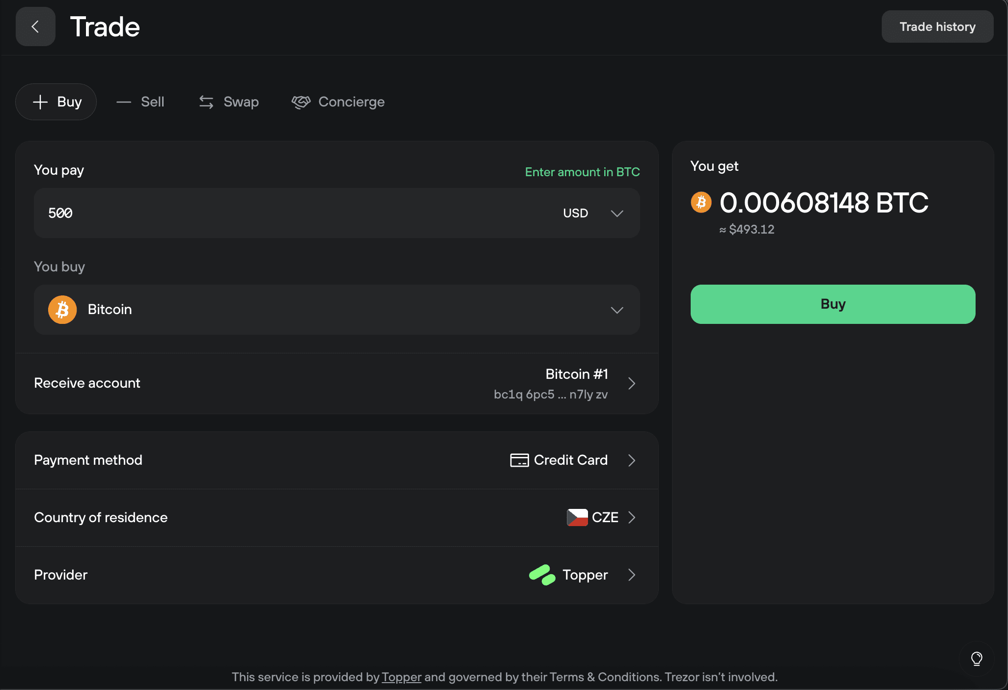 Trade screen showing a $500 credit card Bitcoin purchase with the amount, receive account, and provider fields