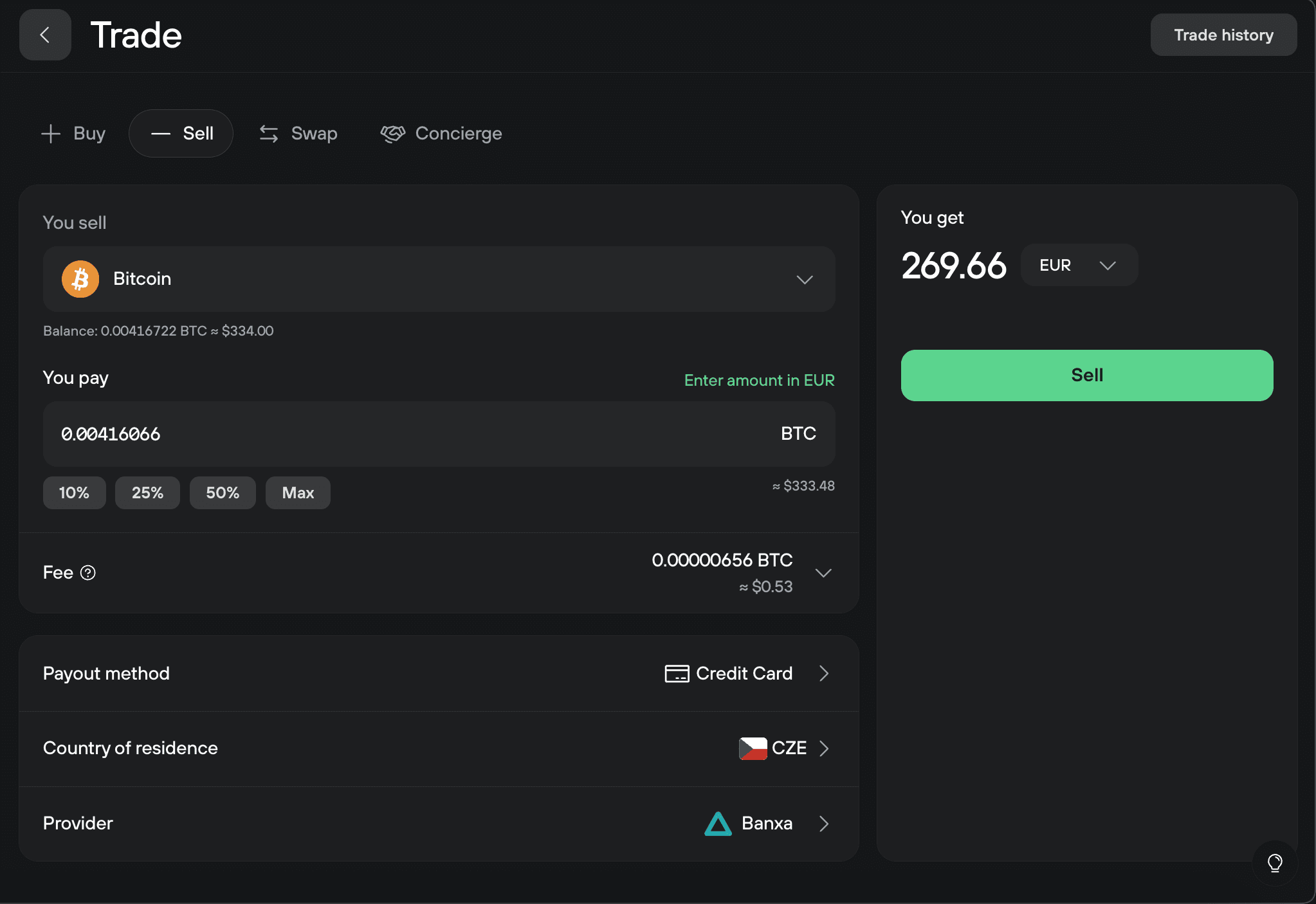 Trade form set to sell Bitcoin for EUR, with fee, credit card payout, Czech residence, and Banxa selected